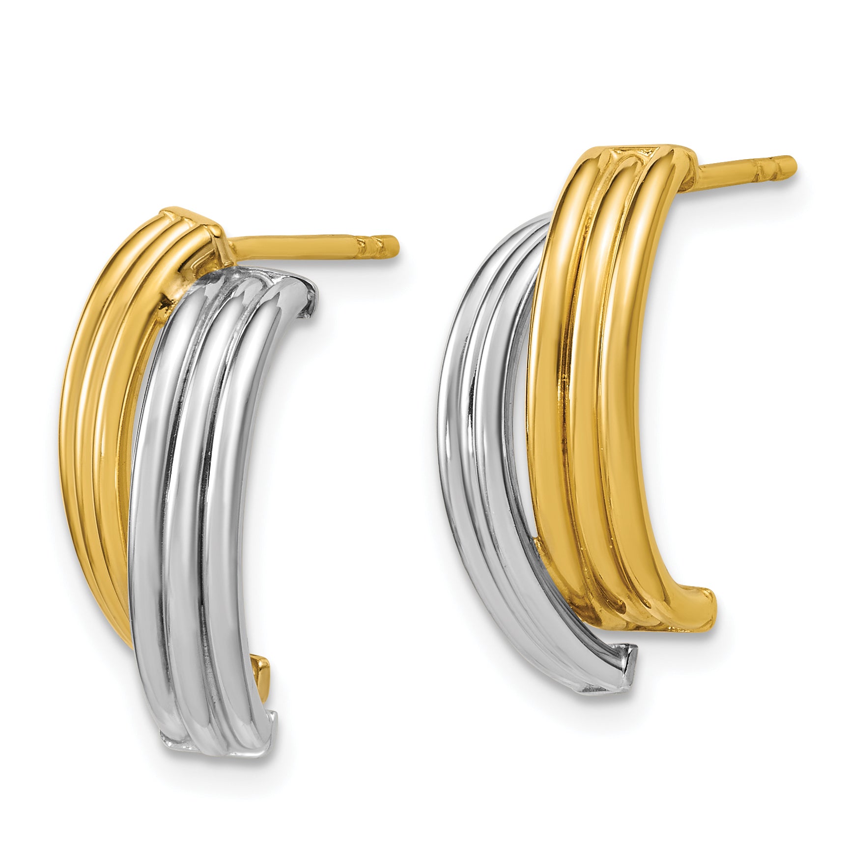 14K w/Wht RH-plating Polished/Grooved J-Hoop Post Earrings