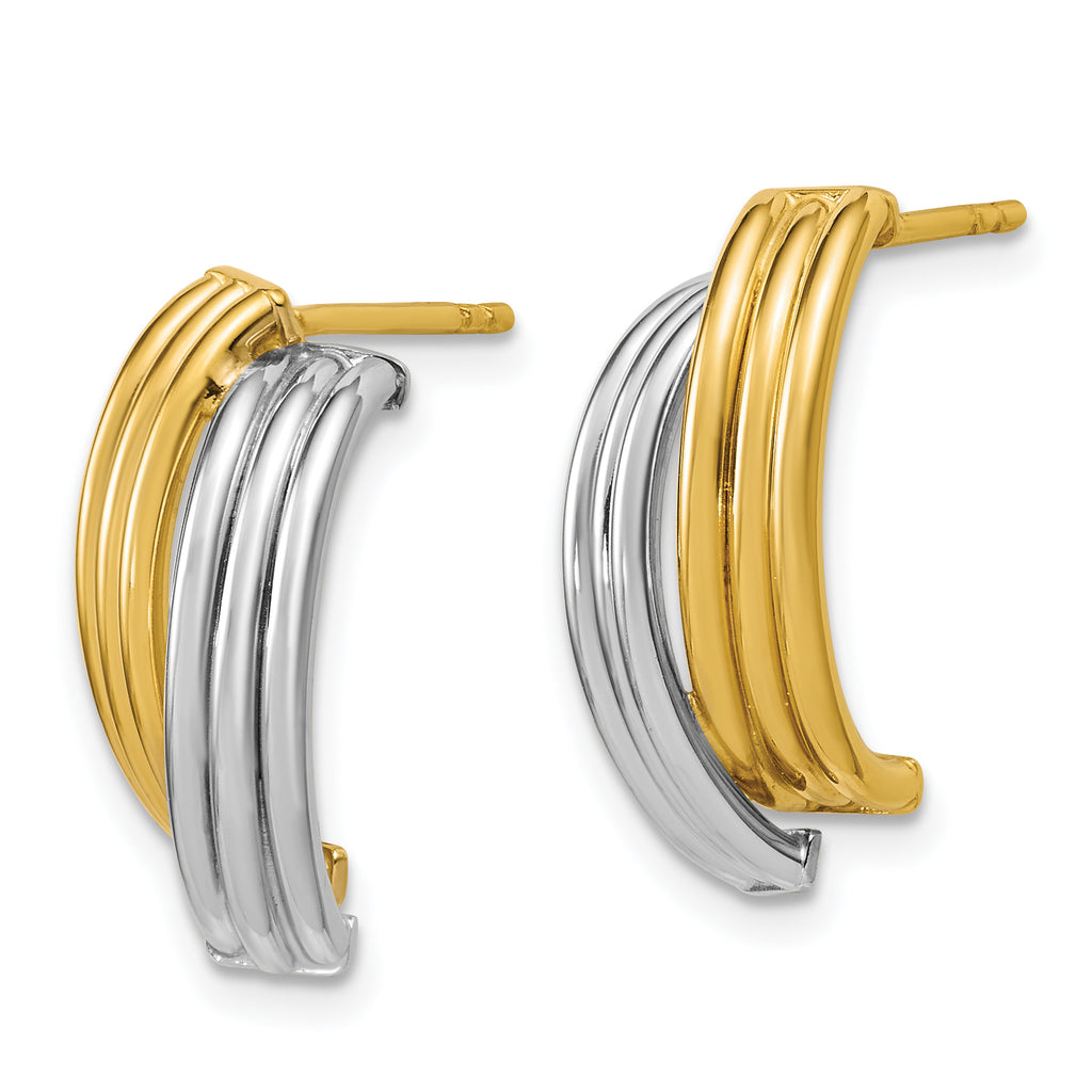 14K w/Wht RH-plating Polished/Grooved J-Hoop Post Earrings