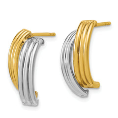 14K w/Wht RH-plating Polished/Grooved J-Hoop Post Earrings