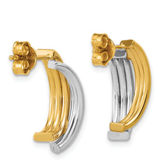 14K w/Wht RH-plating Polished/Grooved J-Hoop Post Earrings