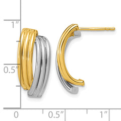 14K w/Wht RH-plating Polished/Grooved J-Hoop Post Earrings