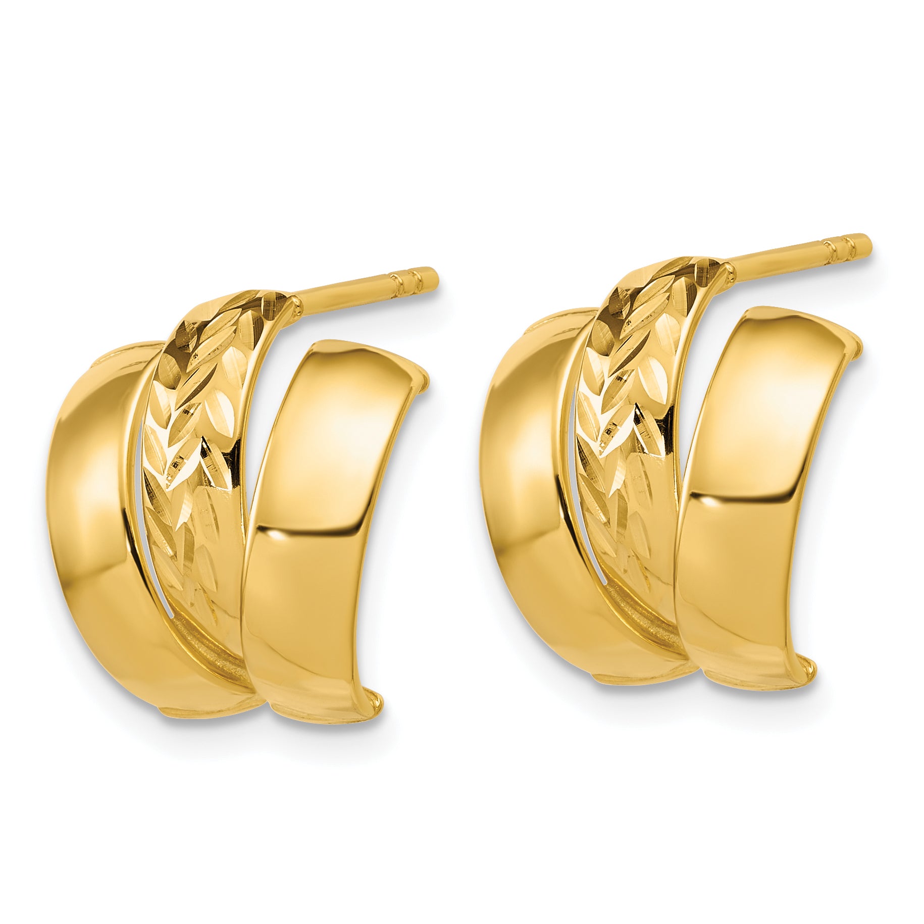 14K Polished and Diamond-cut 3-row J-Hoop Post Earrings