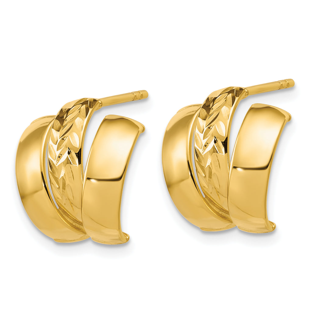 14K Polished and Diamond-cut 3-row J-Hoop Post Earrings