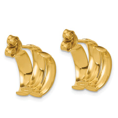14K Polished and Diamond-cut 3-row J-Hoop Post Earrings