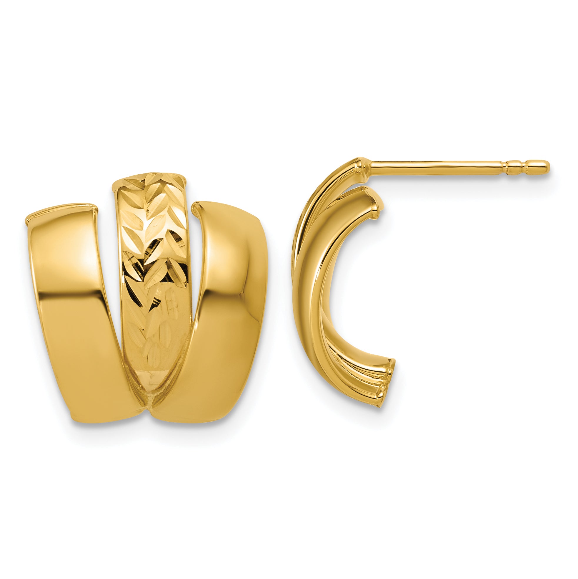 14K Polished and Diamond-cut 3-row J-Hoop Post Earrings