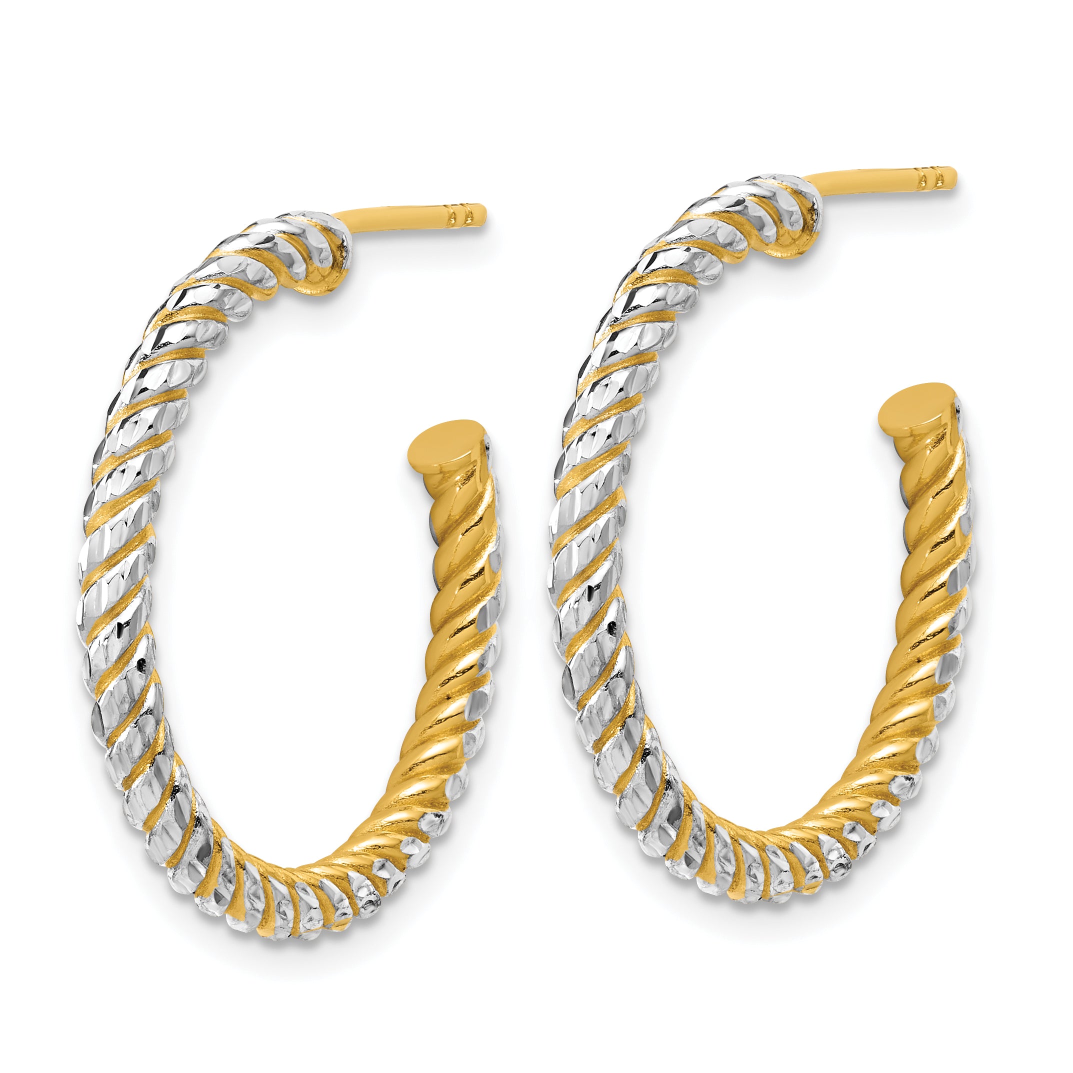 14K w/Rhodium Polished and Diamond-cut J-Hoop Earrings