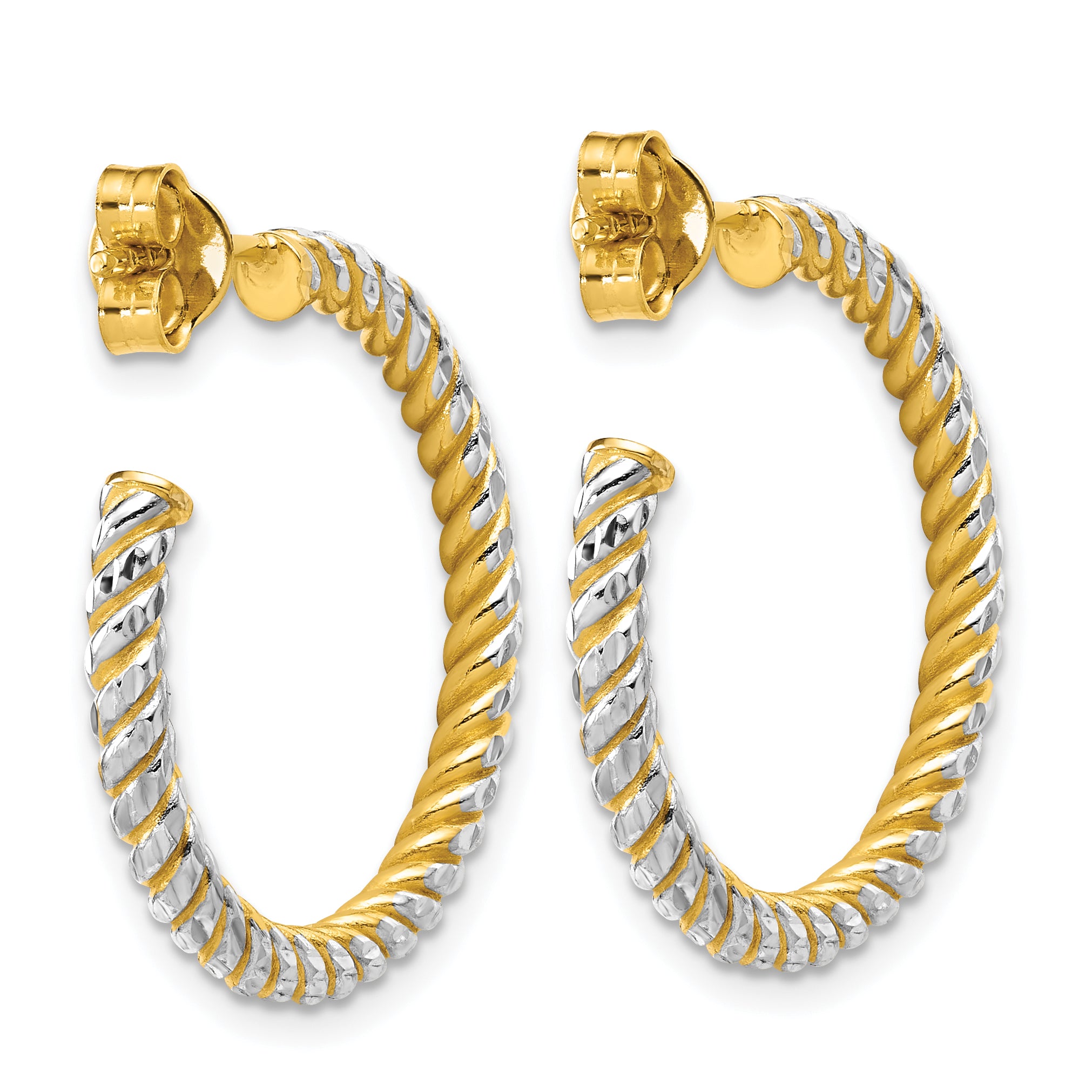 14K w/Rhodium Polished and Diamond-cut J-Hoop Earrings