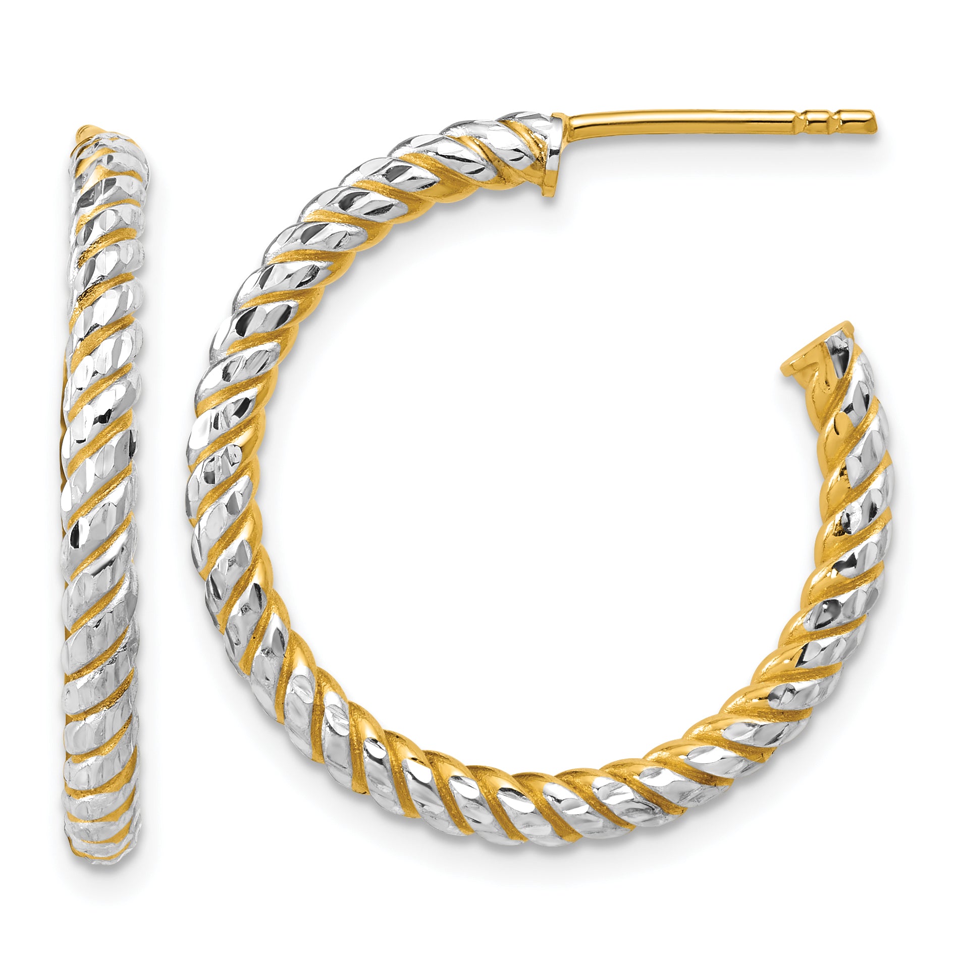 14K w/Rhodium Polished and Diamond-cut J-Hoop Earrings