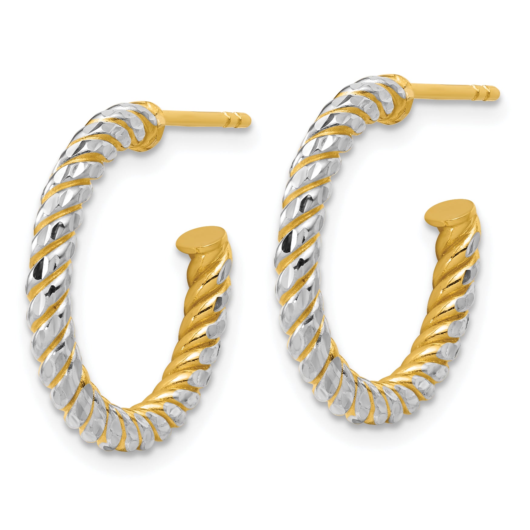 14K w/Rhodium Polished and Diamond-cut J-Hoop Earrings