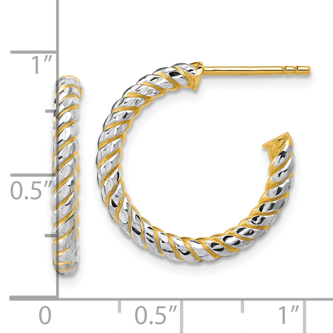 14K w/Rhodium Polished and Diamond-cut J-Hoop Earrings