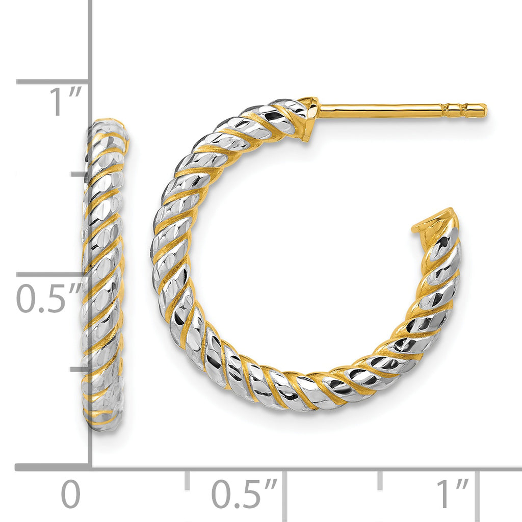 14K w/Rhodium Polished and Diamond-cut J-Hoop Earrings