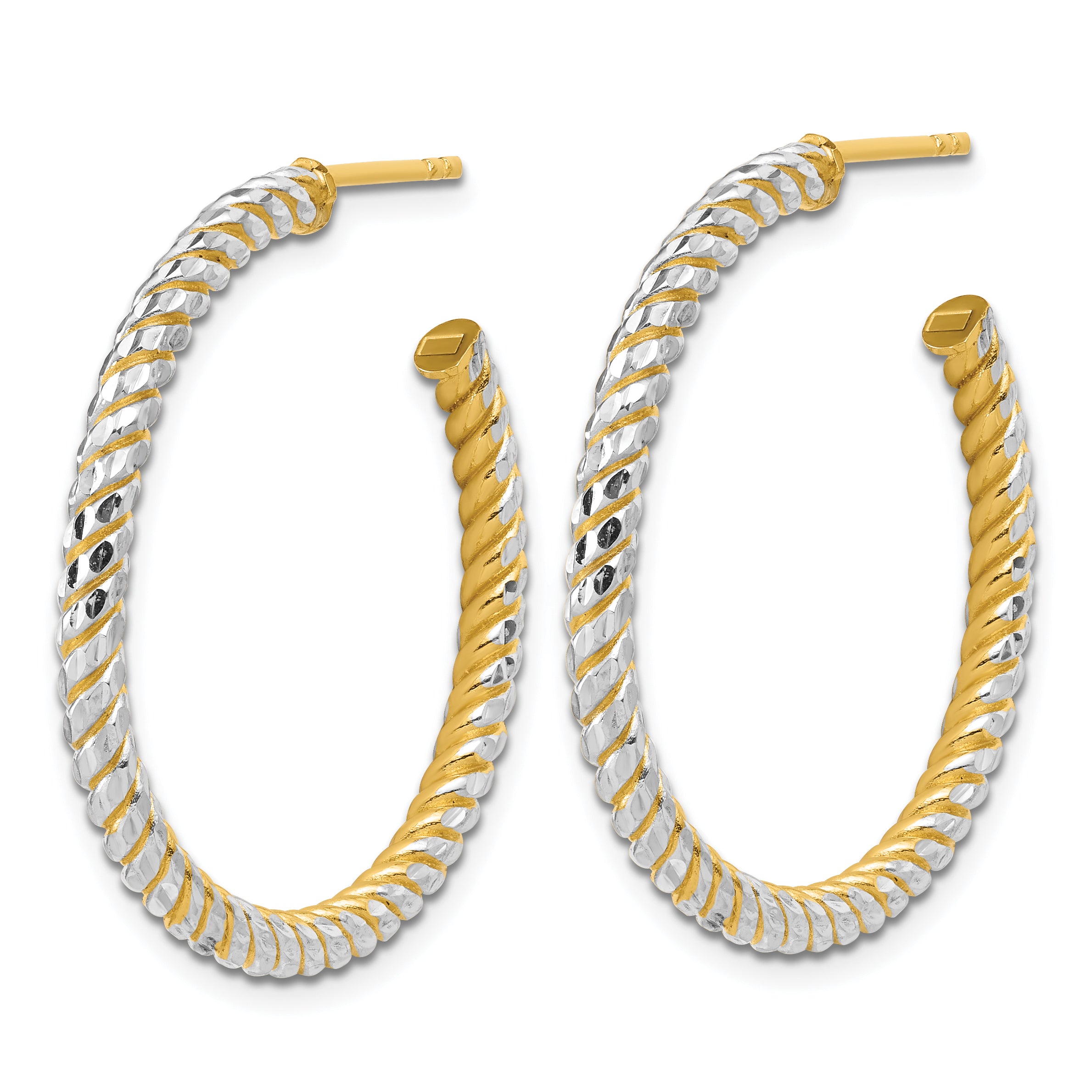 14K w/Rhodium Polished and Diamond-cut J-Hoop Earrings