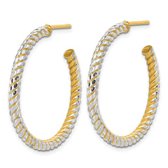 14K w/Rhodium Polished and Diamond-cut J-Hoop Earrings