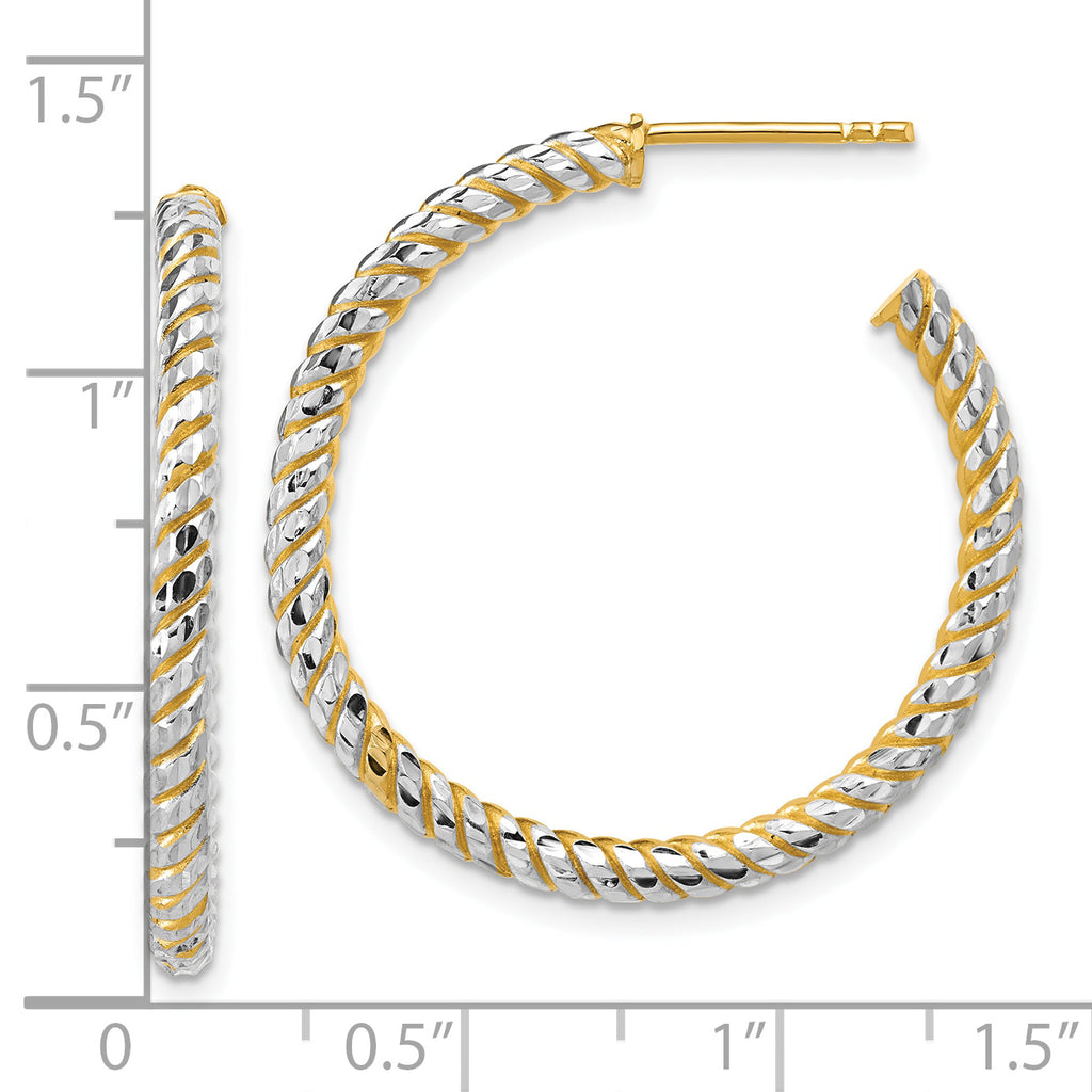 14K w/Rhodium Polished and Diamond-cut J-Hoop Earrings
