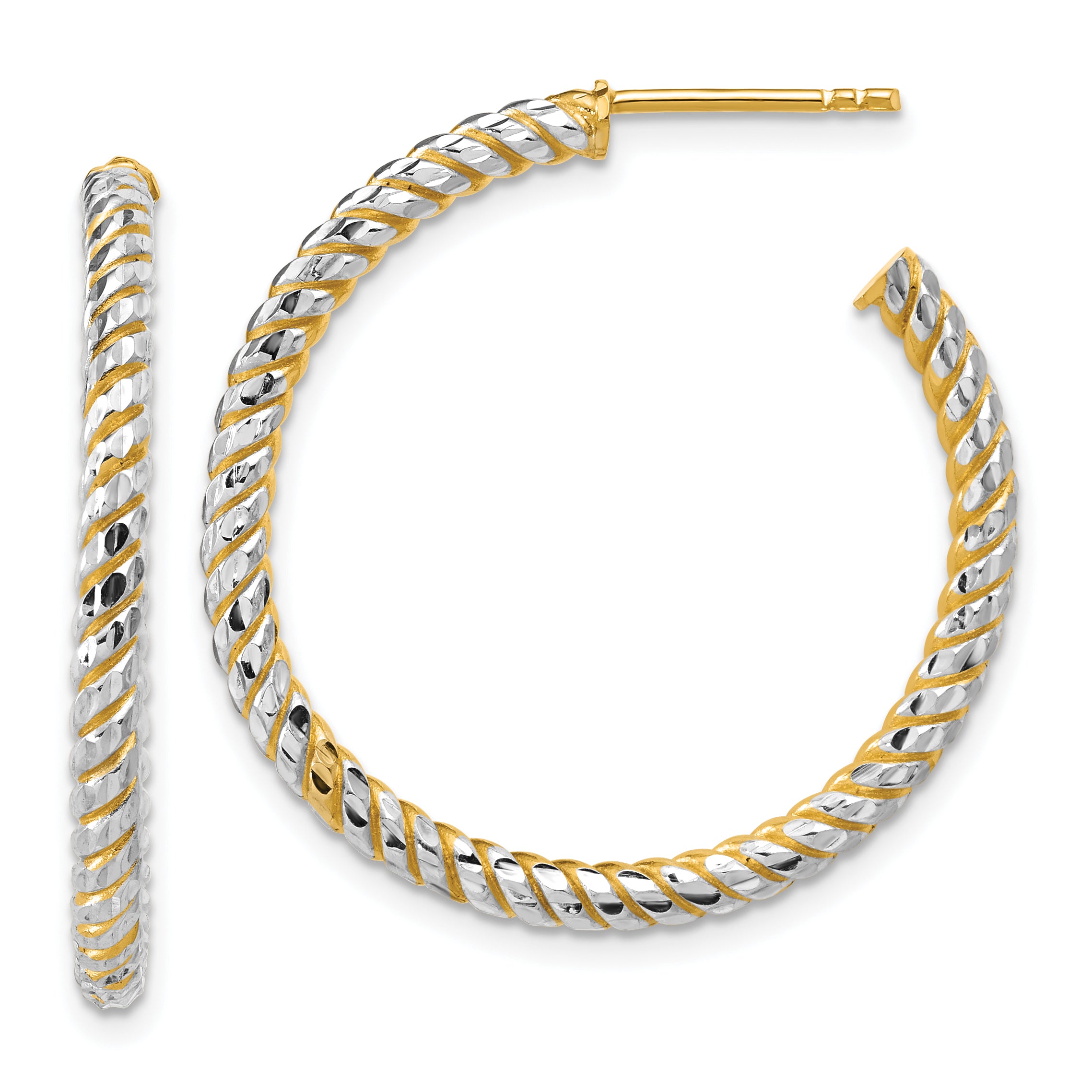 14K w/Rhodium Polished and Diamond-cut J-Hoop Earrings Main image