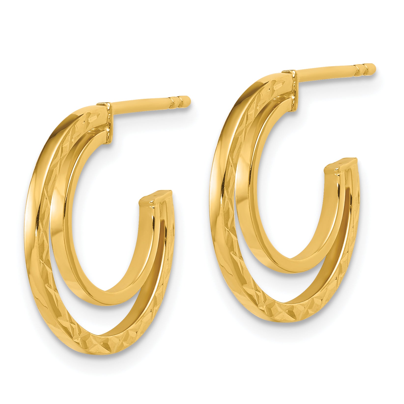14K Polished and Diamond-cut 2-row J-Hoop Post Earrings