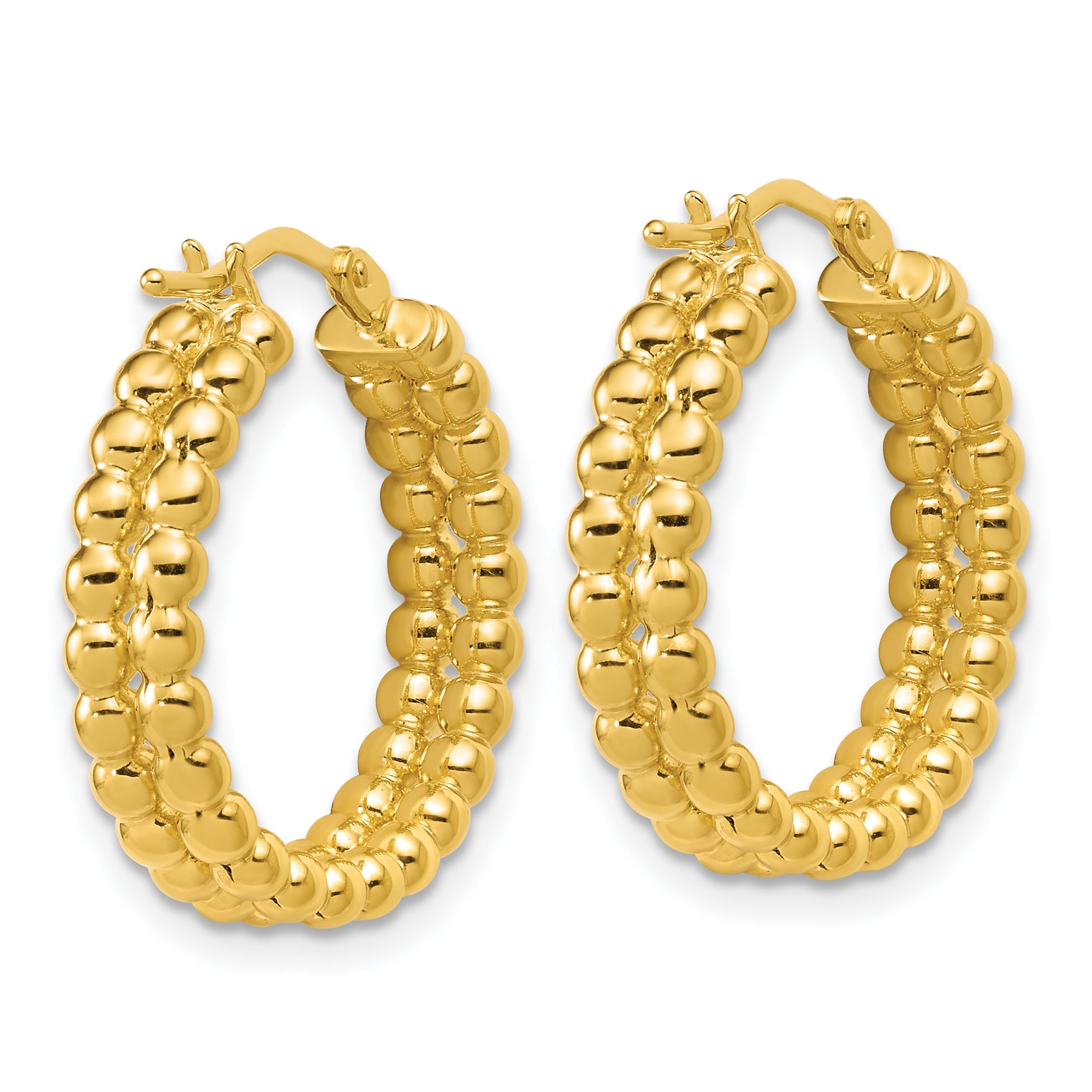 14K Polished Beaded 2-Row Round Hoop Earrings