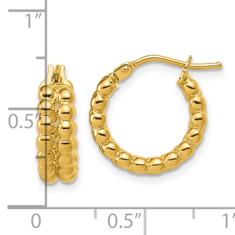 14K Polished Beaded 2-Row Round Hoop Earrings