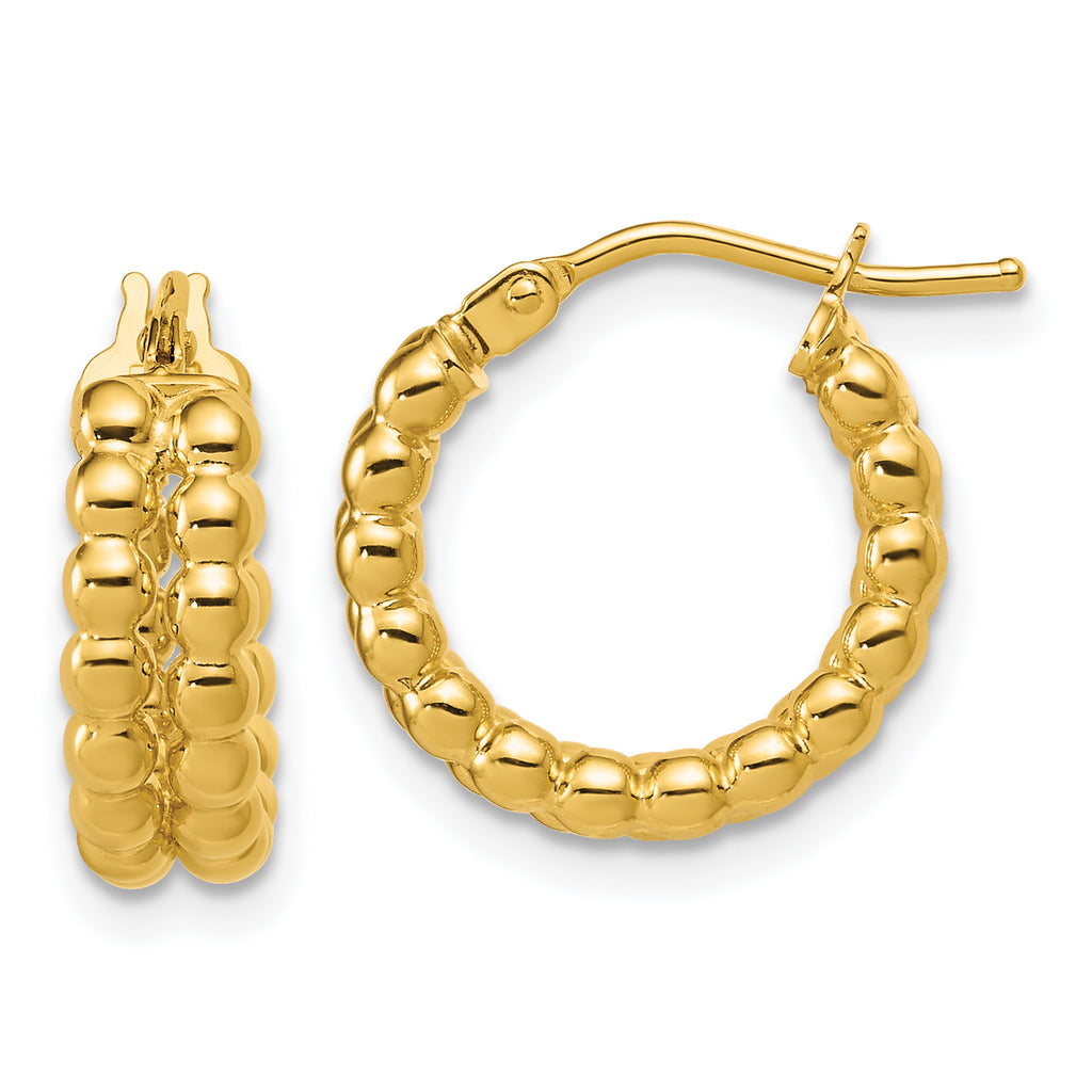14K Polished Beaded 2-Row Round Hoop Earrings