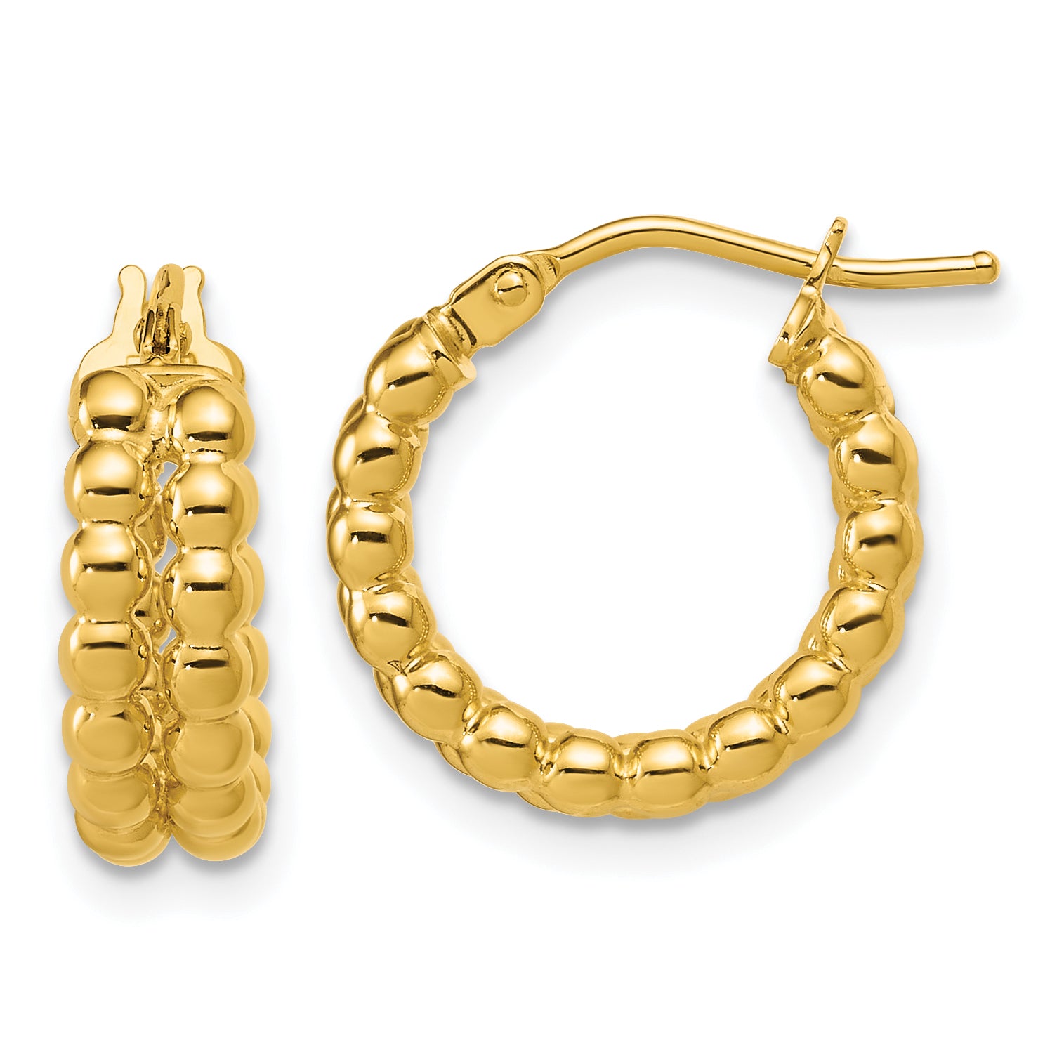 14K Polished Beaded 2-Row Round Hoop Earrings