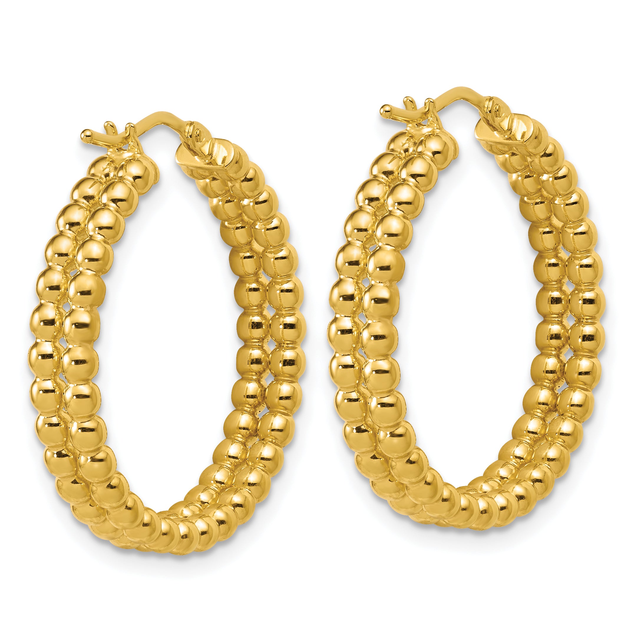 14K Polished Beaded 2-Row Round Hoop Earrings