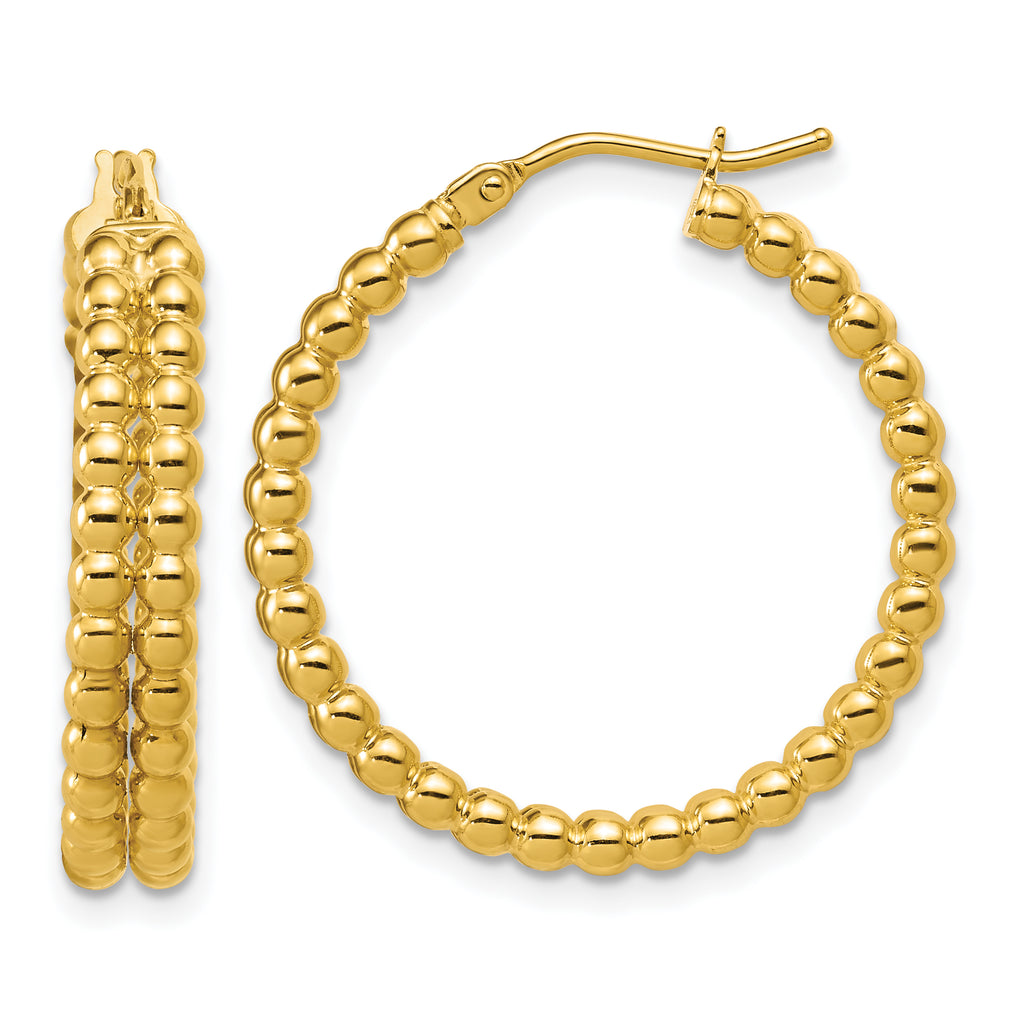 14K Polished Beaded 2-Row Round Hoop Earrings