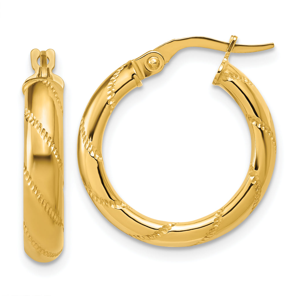 14K Polished and Textured Round Hoop Earrings