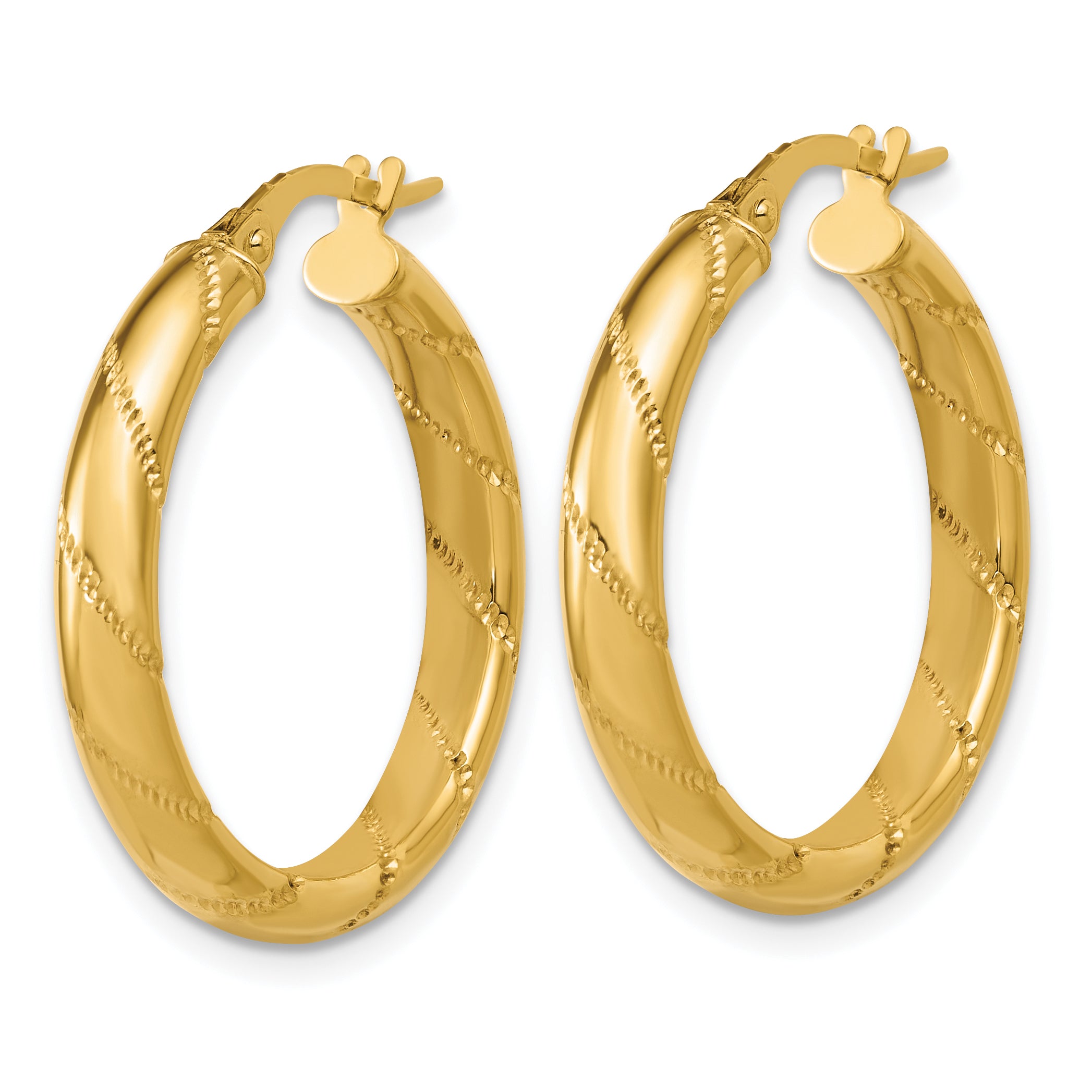 14K Polished and Textured Round Hoop Earrings