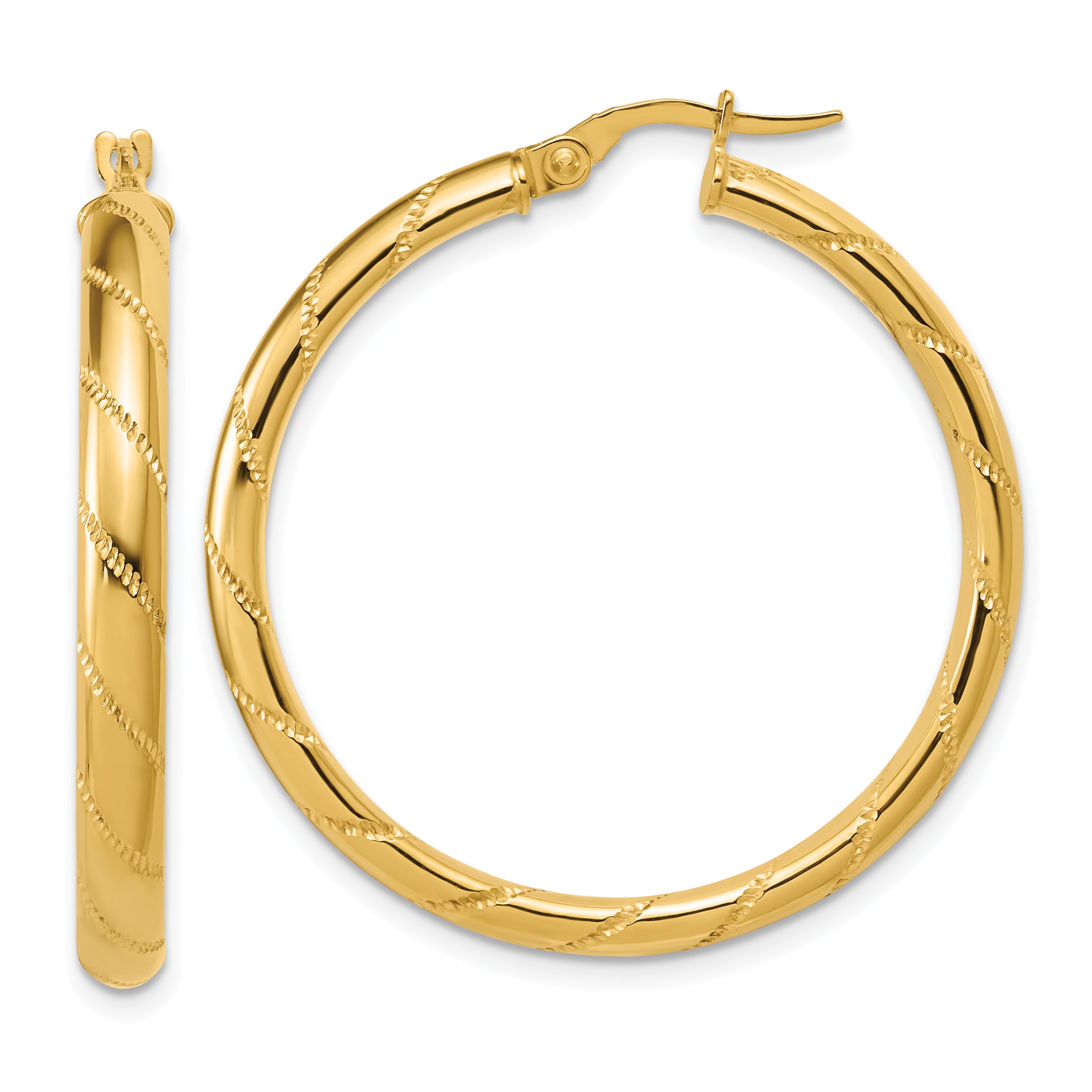 14K Polished and Textured Round Hoop Earrings Main image