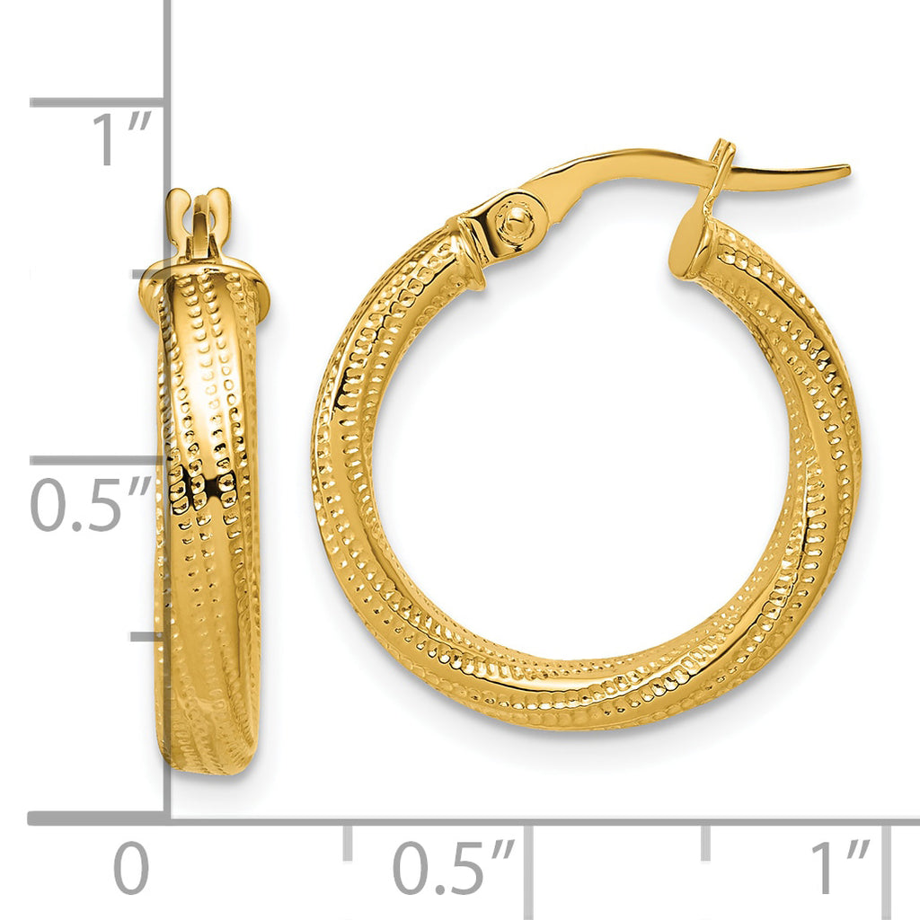 14K Polished / Textured and Twisted Round Hoop Earrings