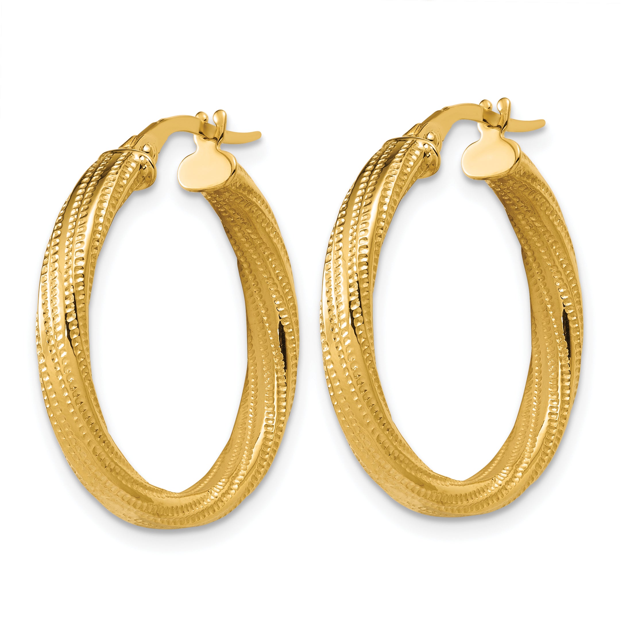 14K Polished / Textured and Twisted Round Hoop Earrings Secondary image