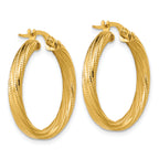 14K Polished / Textured and Twisted Round Hoop Earrings