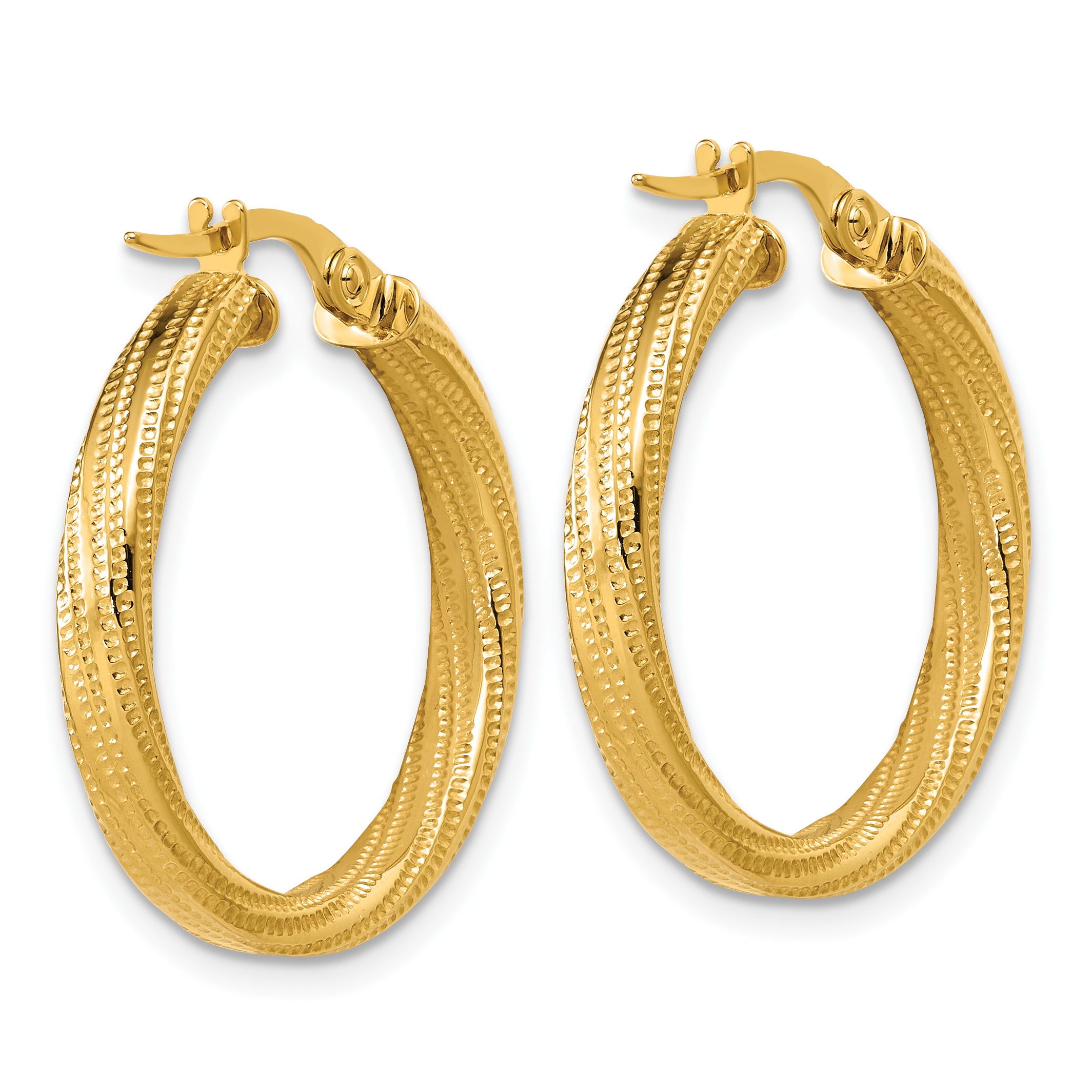 14K Polished / Textured and Twisted Round Hoop Earrings