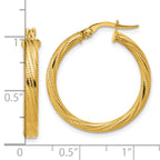14K Polished / Textured and Twisted Round Hoop Earrings