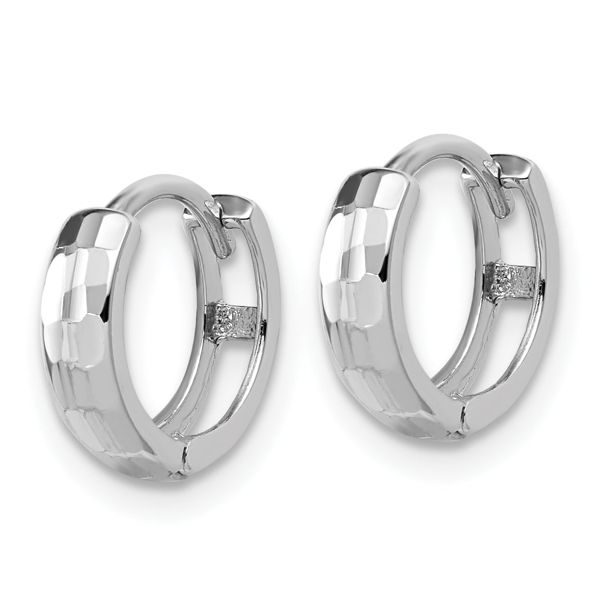 14K White Gold Polished and D/C Huggie Hoop Earrings