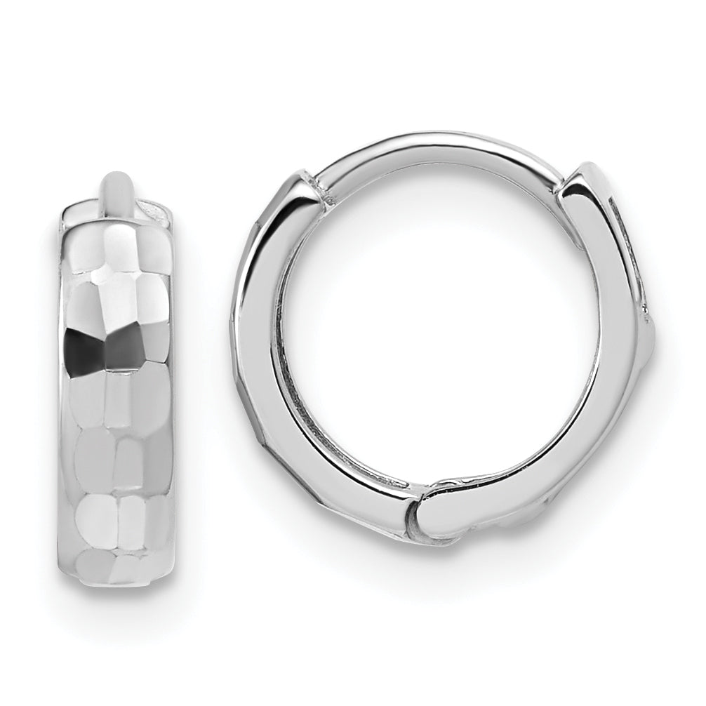 14K White Gold Polished and D/C Huggie Hoop Earrings