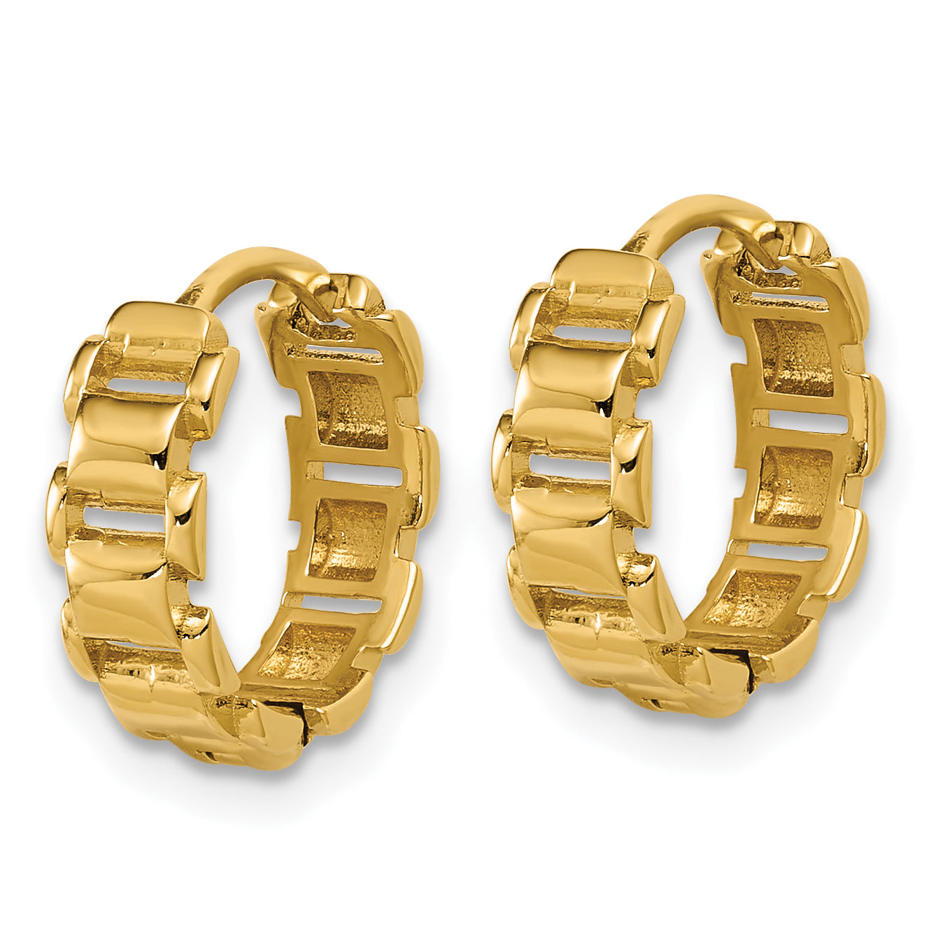 14K Polished Link Pattern Hinged Huggie Hoop Earrings Secondary image