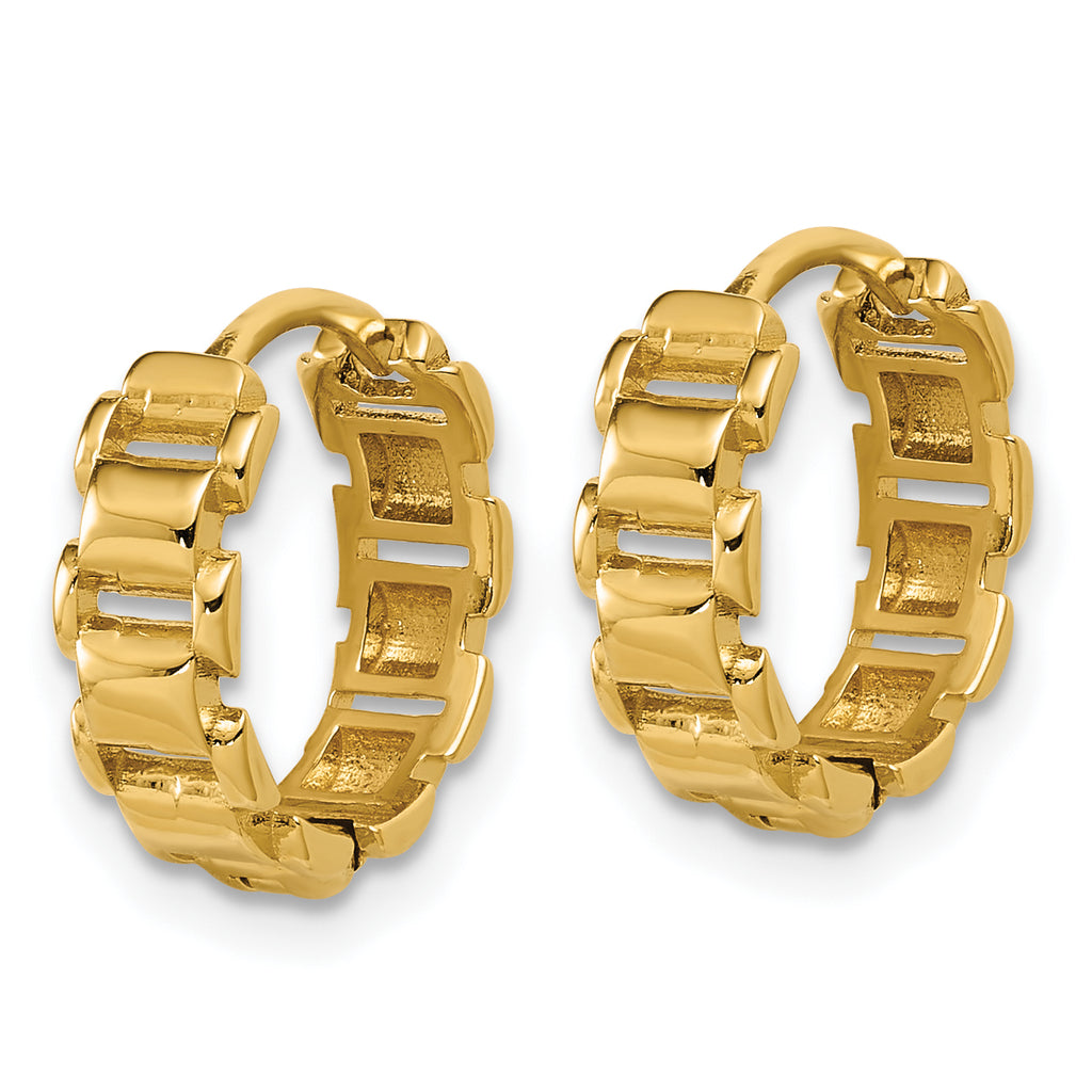 14K Polished Link Pattern Hinged Huggie Hoop Earrings