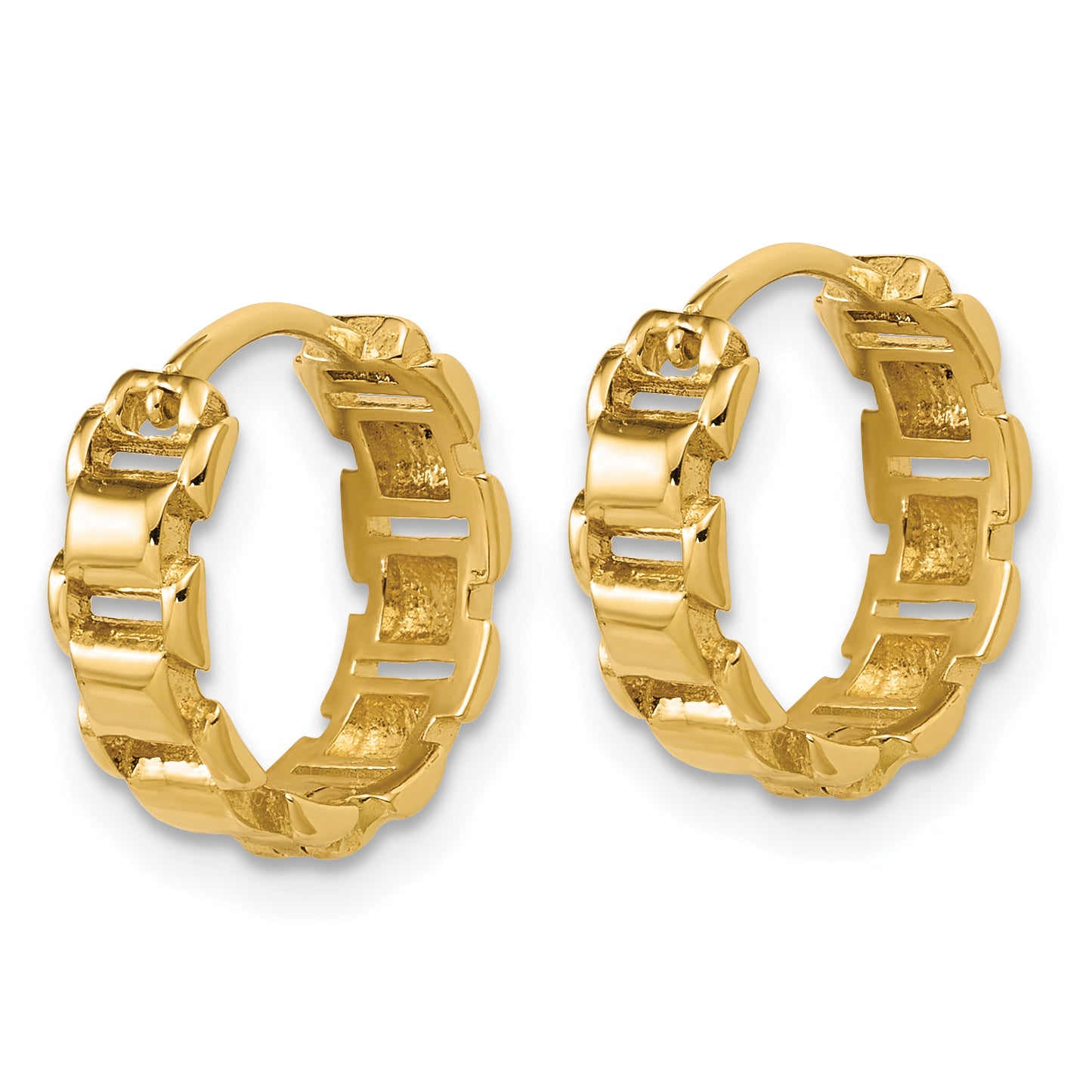 14K Polished Link Pattern Hinged Huggie Hoop Earrings