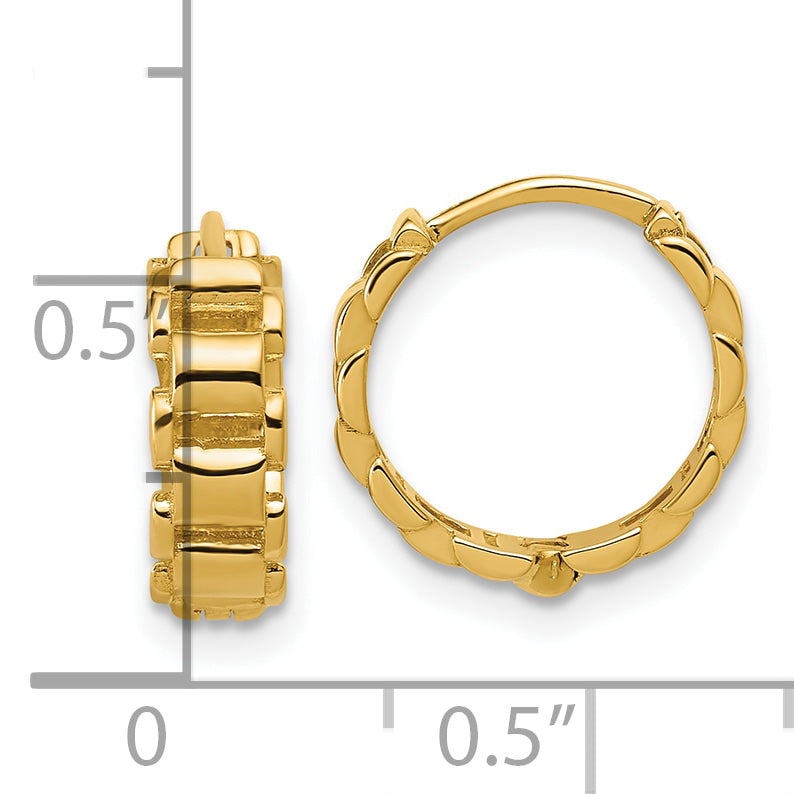 14K Polished Link Pattern Hinged Huggie Hoop Earrings