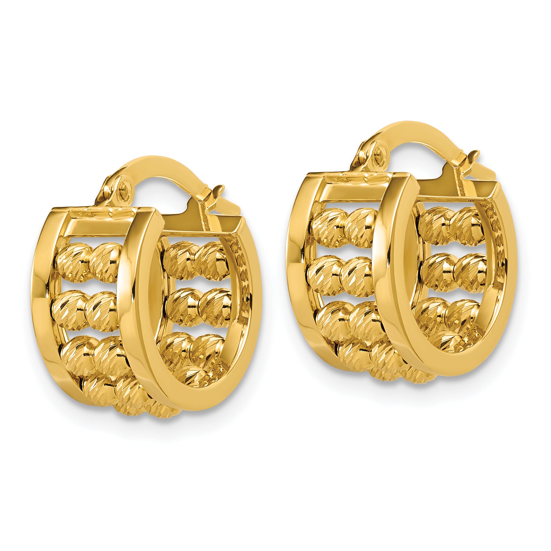 14K Polished and Diamond-cut 2-row Beaded Tube Hoop Earrings Secondary image