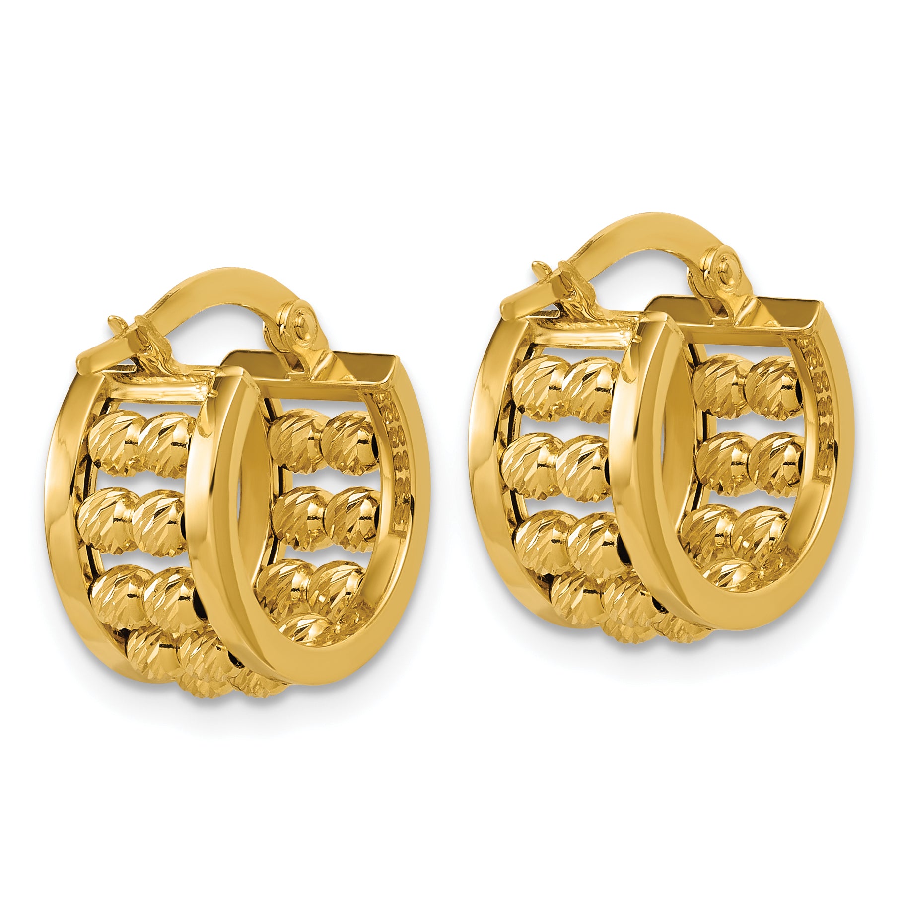 14K Polished and Diamond-cut 2-row Beaded Tube Hoop Earrings