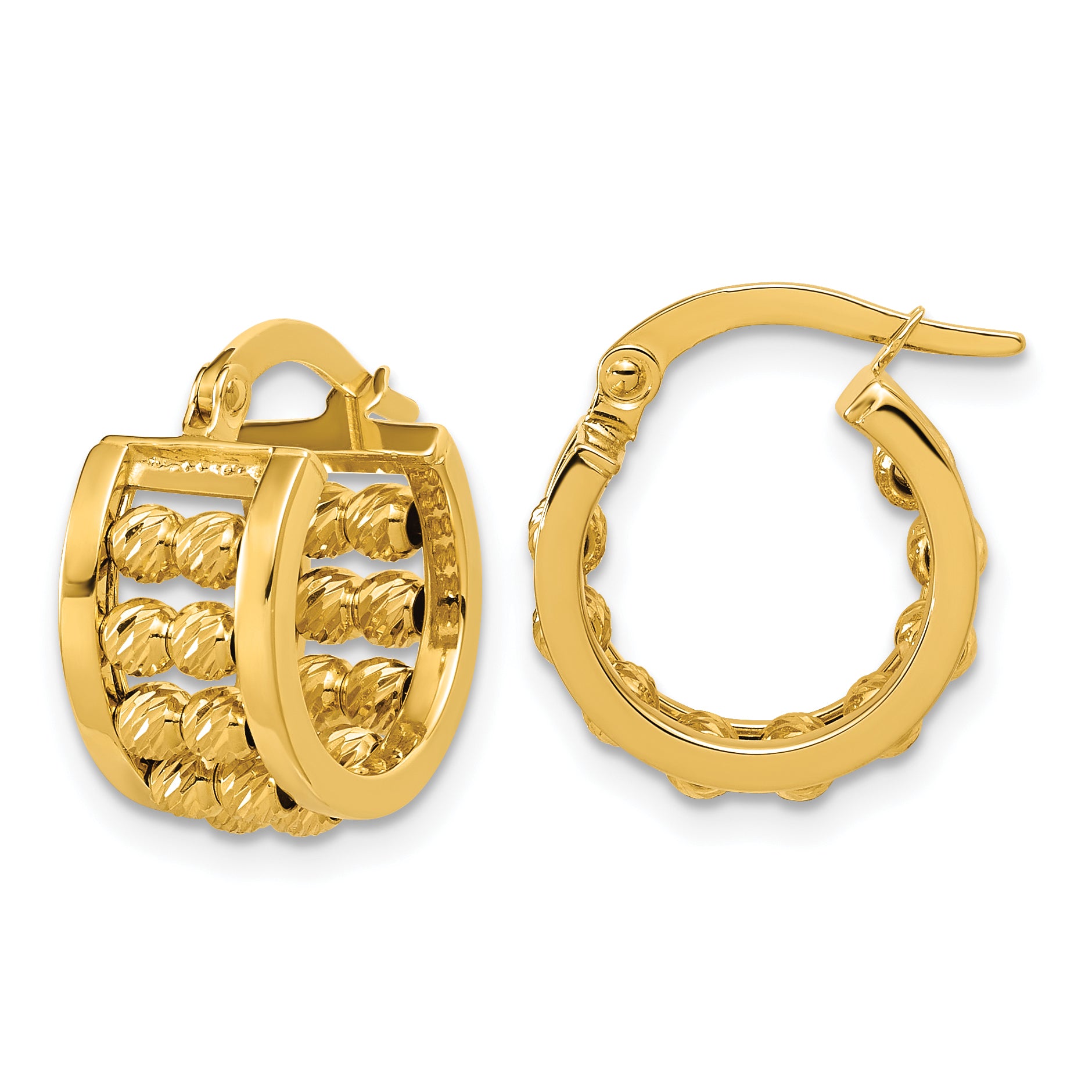 14K Polished and Diamond-cut 2-row Beaded Tube Hoop Earrings Main image