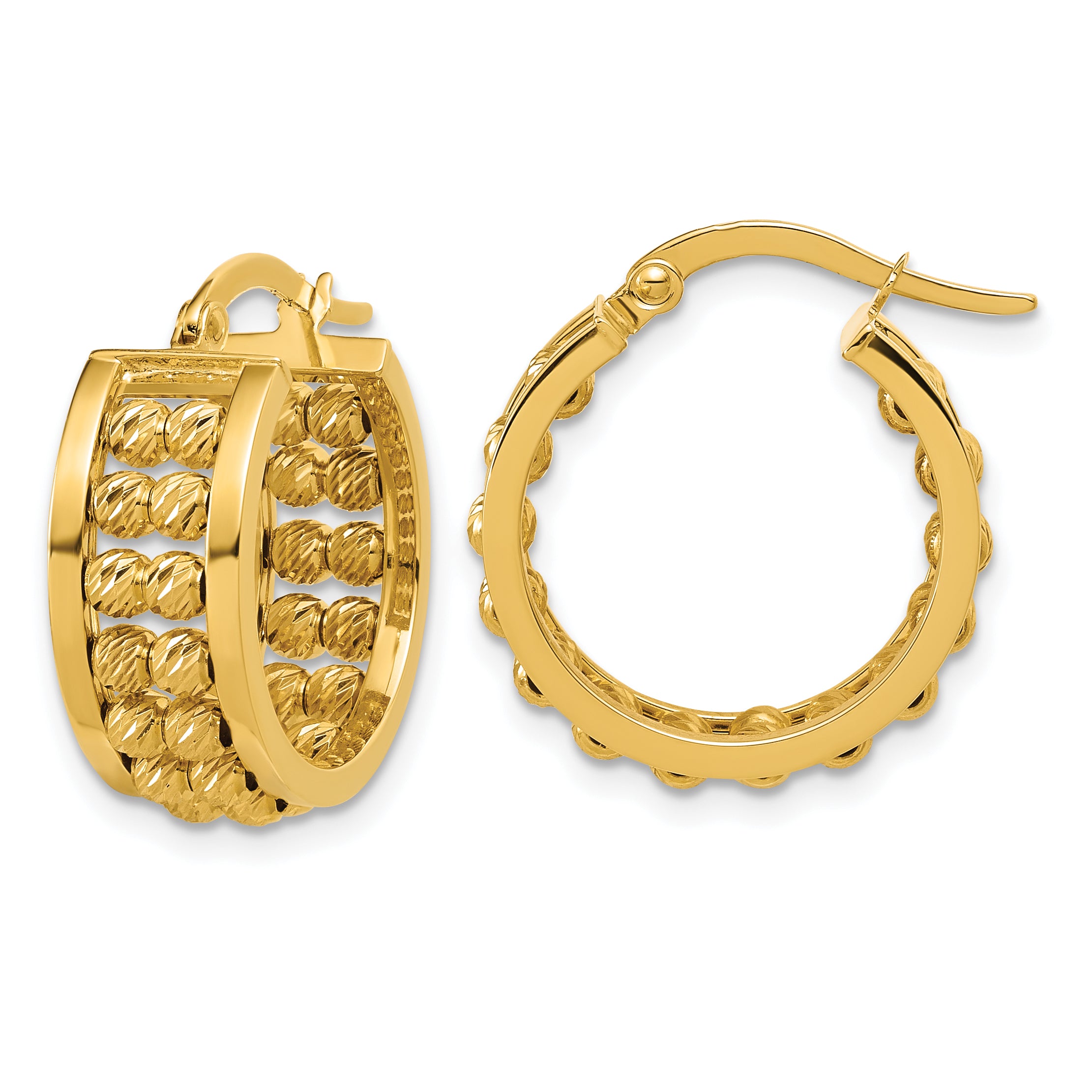 14K Polished and Diamond-cut 2-row Beaded Tube Hoop Earrings