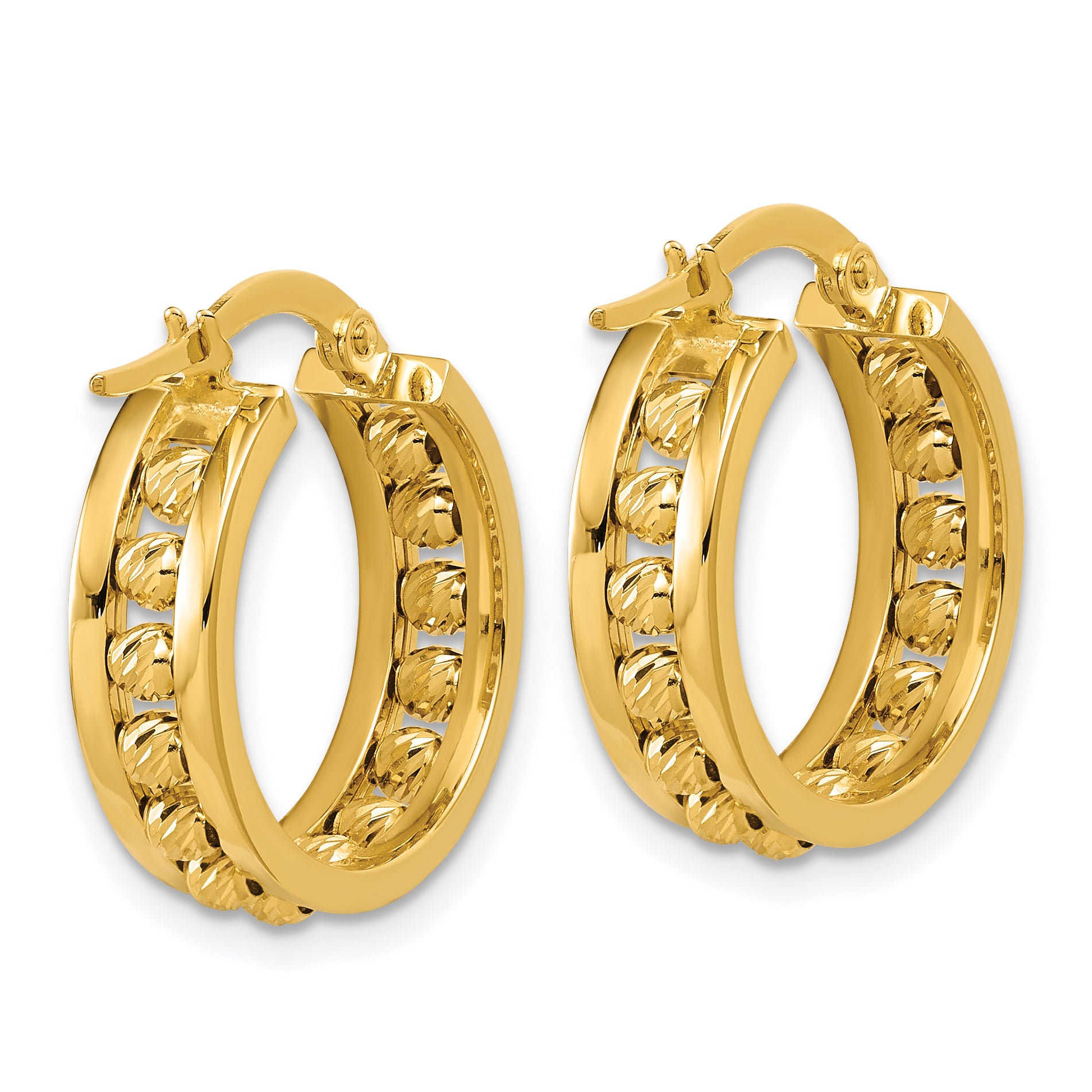 14K Polished and Diamond-cut Beaded Tube Hoop Earrings