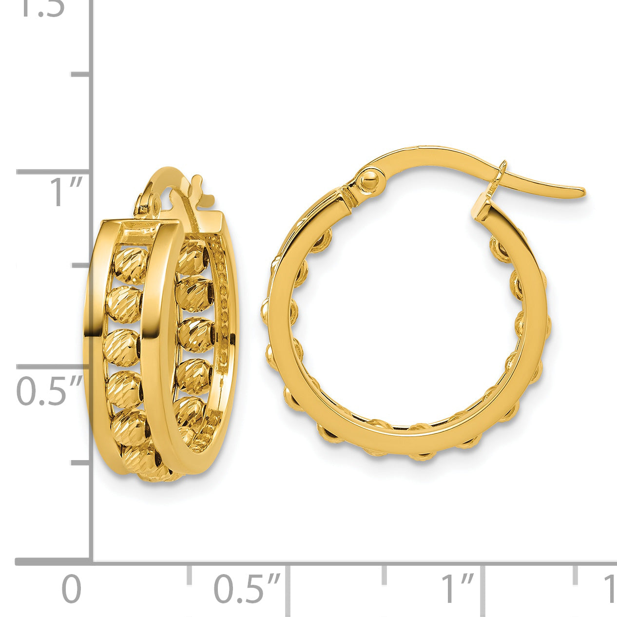 14K Polished and Diamond-cut Beaded Tube Hoop Earrings