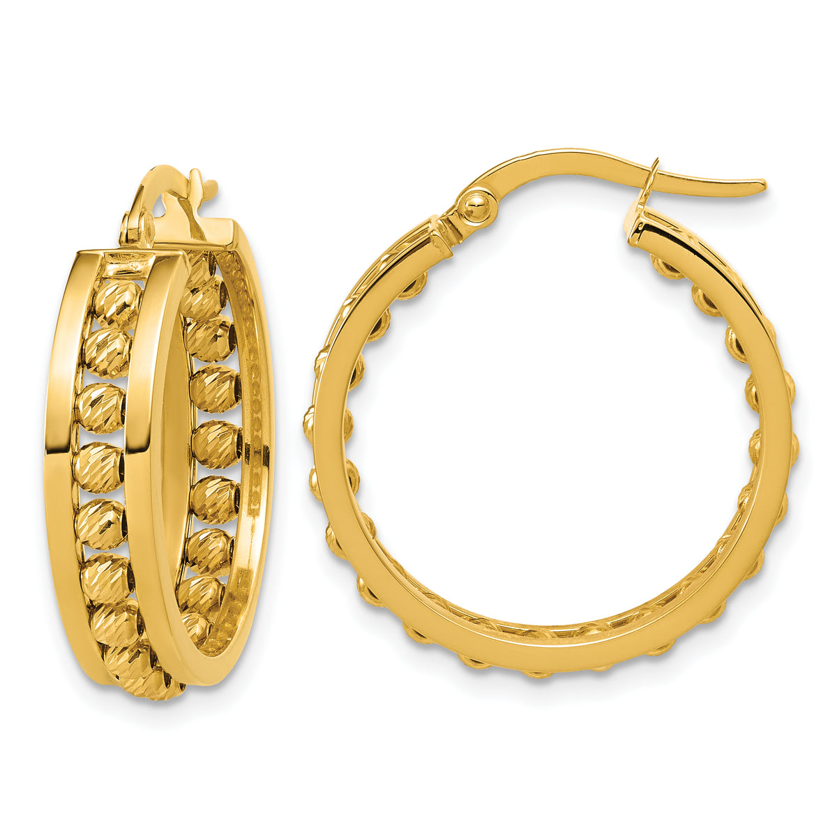 14K Polished and Diamond-cut Beaded Tube Hoop Earrings
