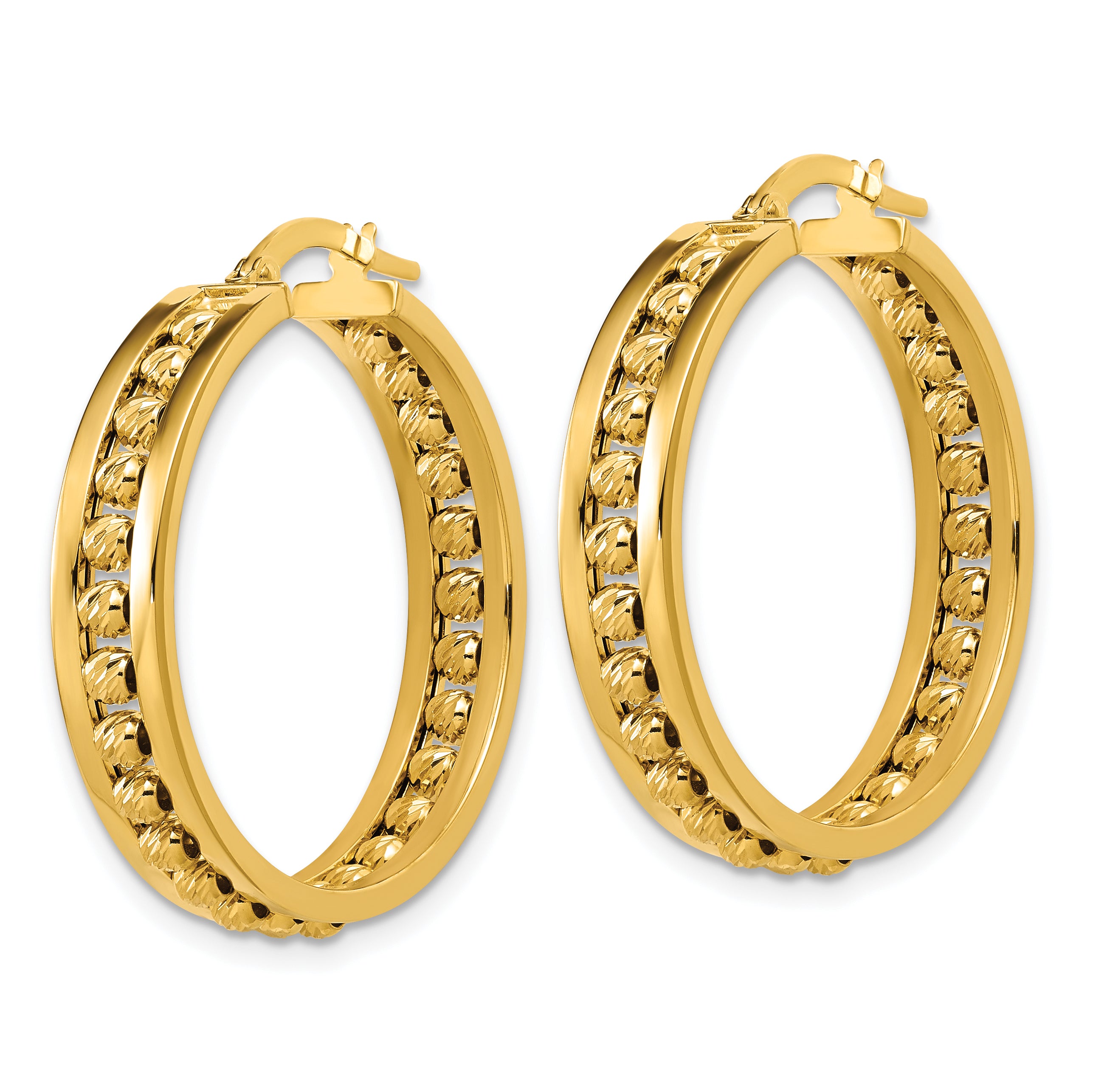 14K Polished and Diamond-cut Beaded Tube Hoop Earrings