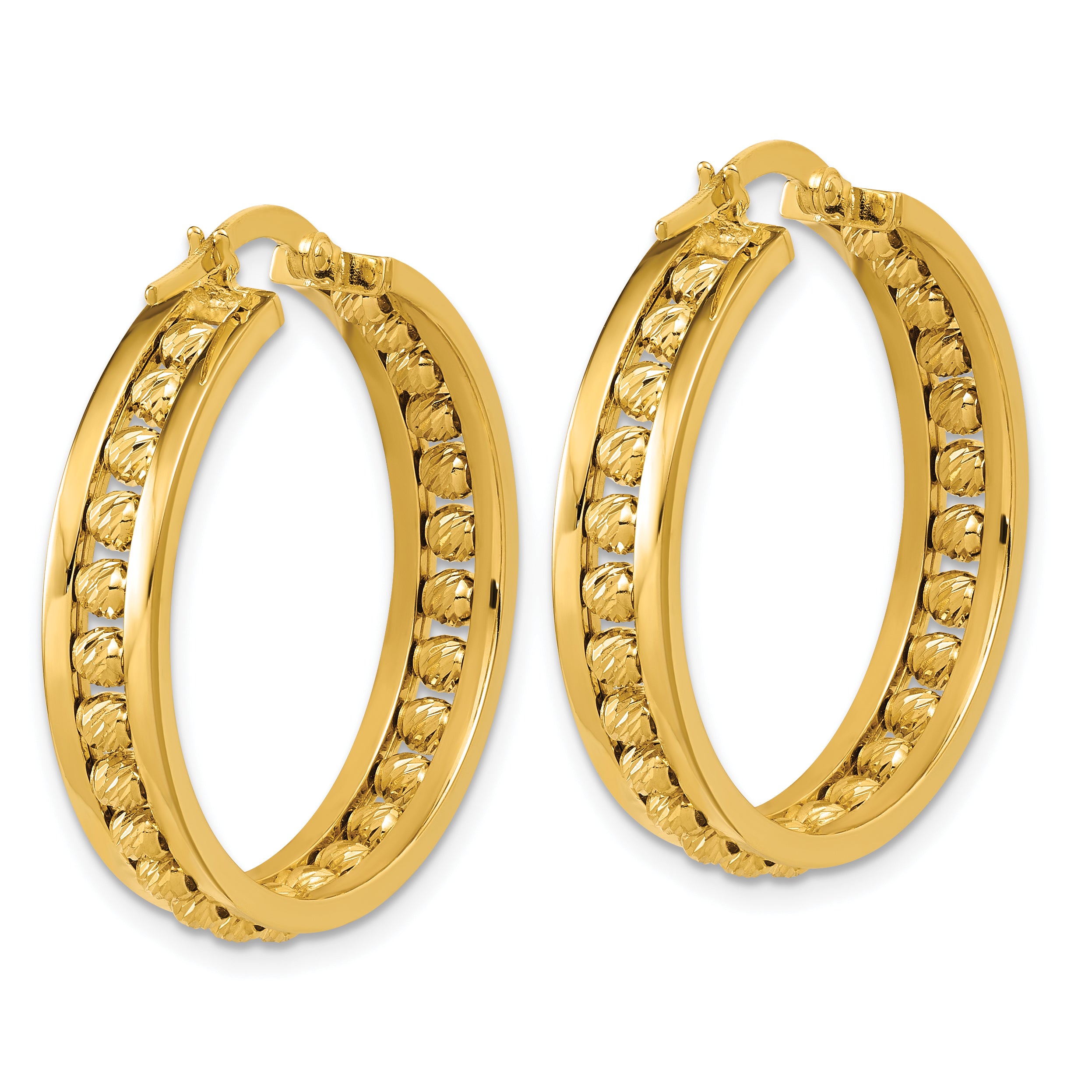 14K Polished and Diamond-cut Beaded Tube Hoop Earrings