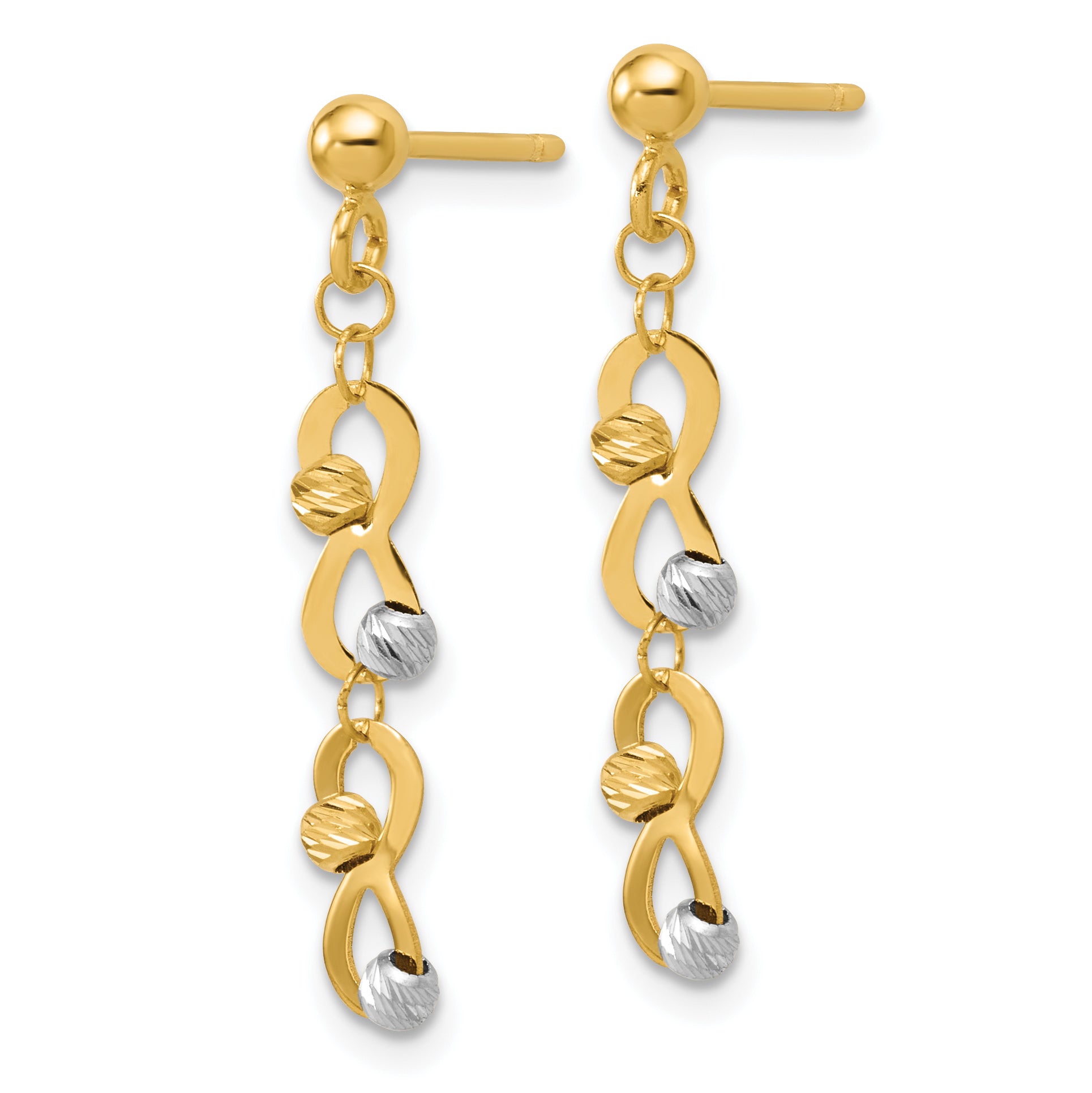 14K Two-tone D/C Beaded Infinity Dangle Post Earrings Secondary image